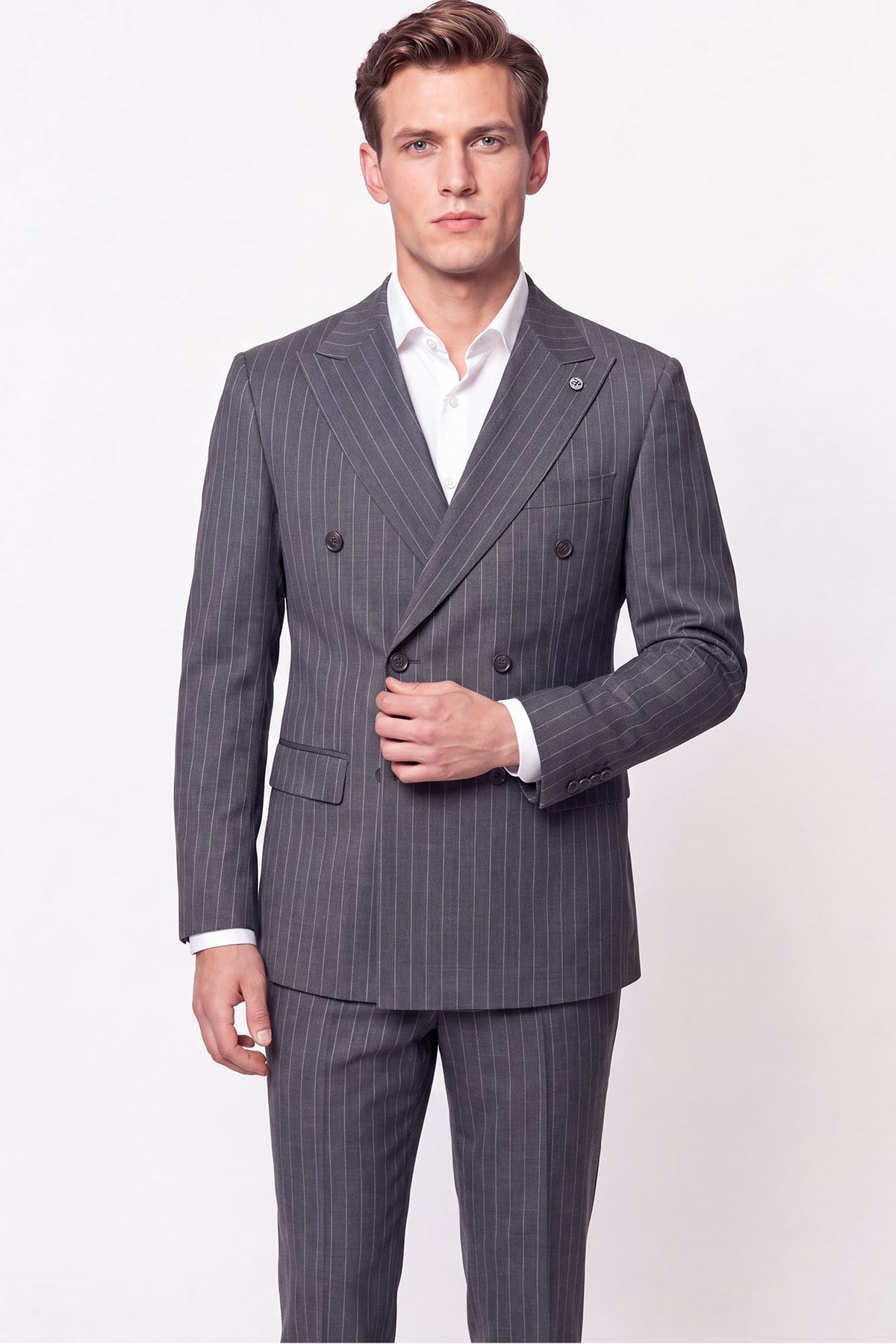 Slim Fit %96 Yünlü Çift Yırtmaç Çizgili Gri Kruvaze Takım Elbise TK 954