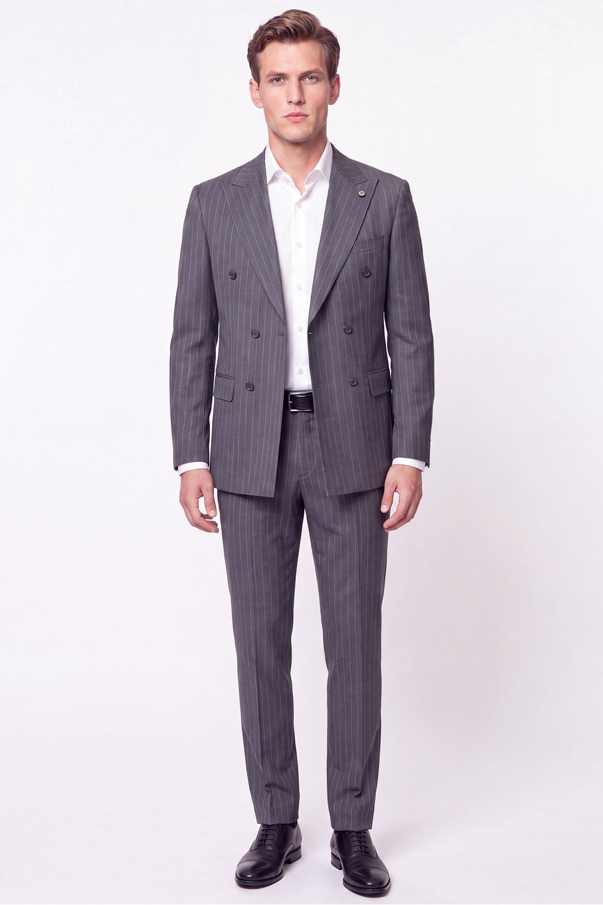 Slim Fit %96 Yünlü Çift Yırtmaç Çizgili Gri Kruvaze Takım Elbise TK 954