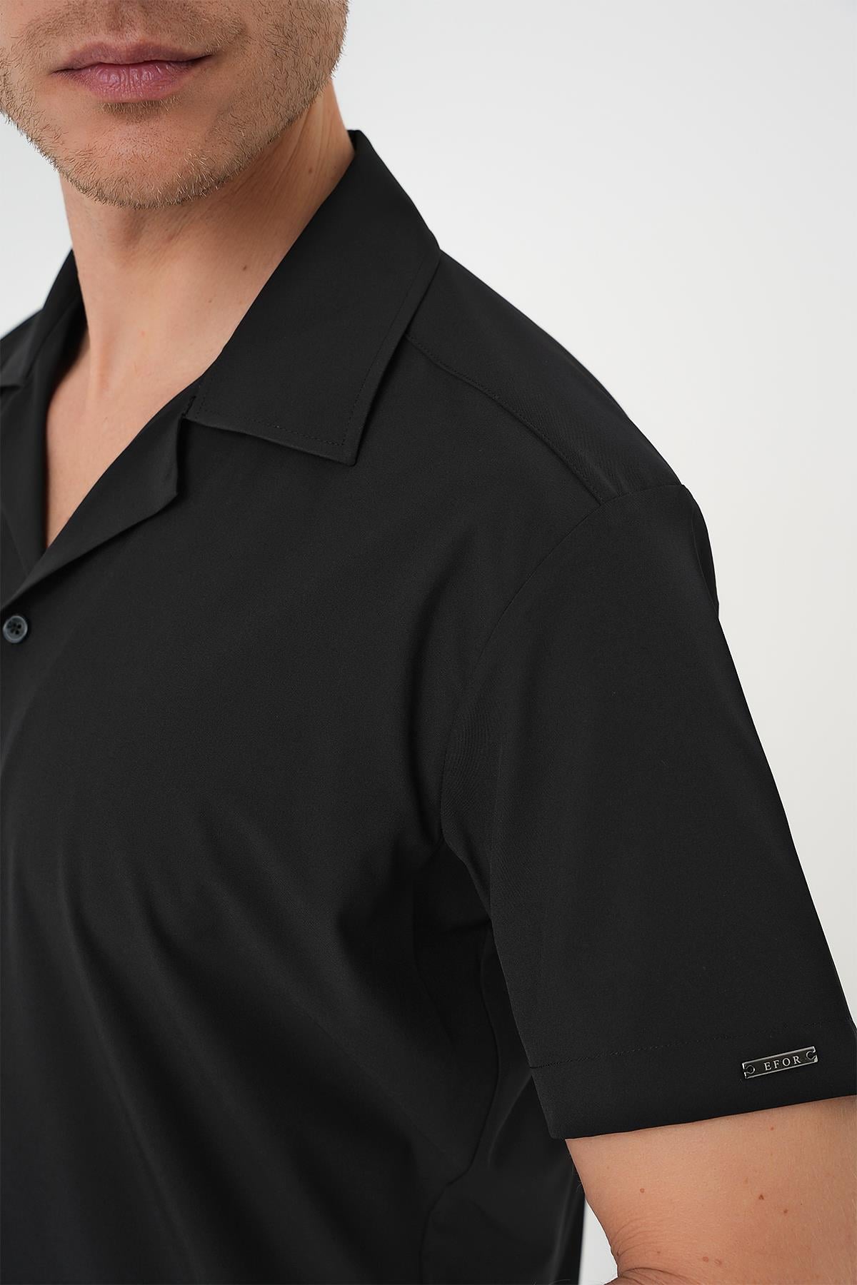 Slim Fit Apaş Yaka Kısa Kol Esnek Casual Siyah Gömlek  G 1589