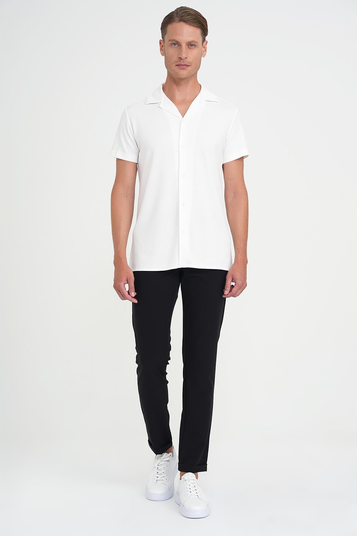 Slim Fit Apaş Yaka Modal Karışımlı Kısa Kol Beyaz Gömlek G 1590