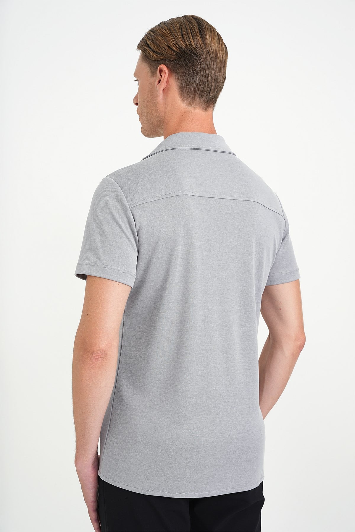 Slim Fit Apaş Yaka Modal Karışımlı Kısa Kollu Gri Gömlek G 1590