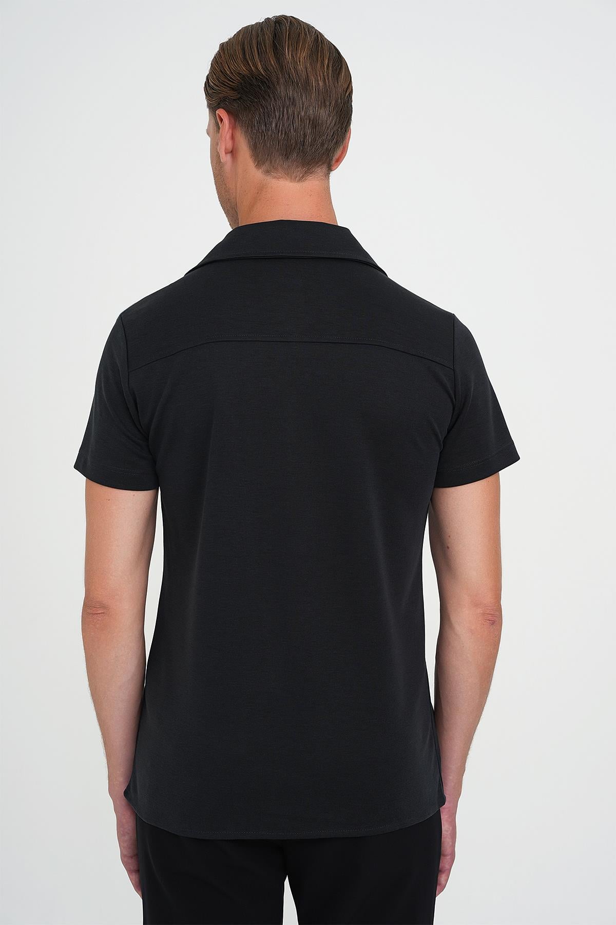 Slim Fit Apaş Yaka Modal Karışımlı Kısa Kol Siyah Gömlek G 1590