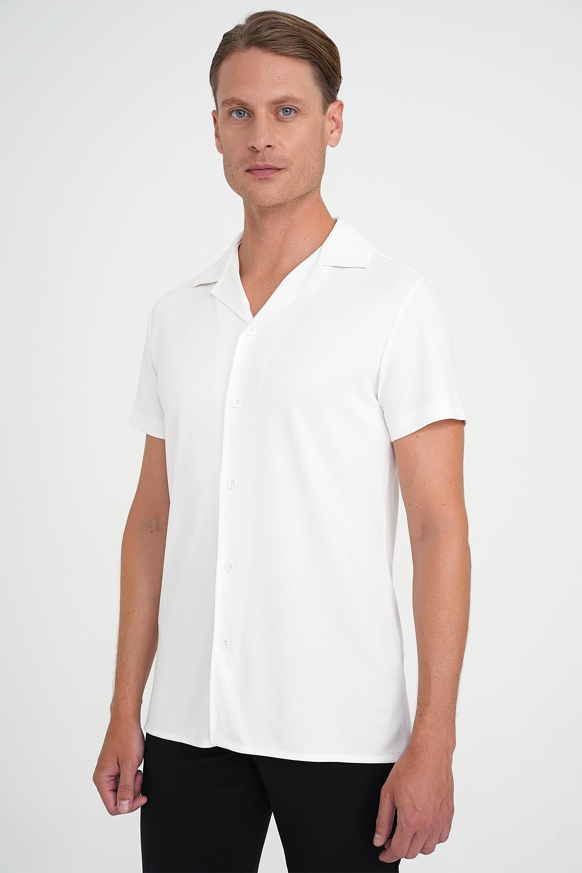 Slim Fit Apaş Yaka Modal Karışımlı Kısa Kol Beyaz Gömlek G 1590