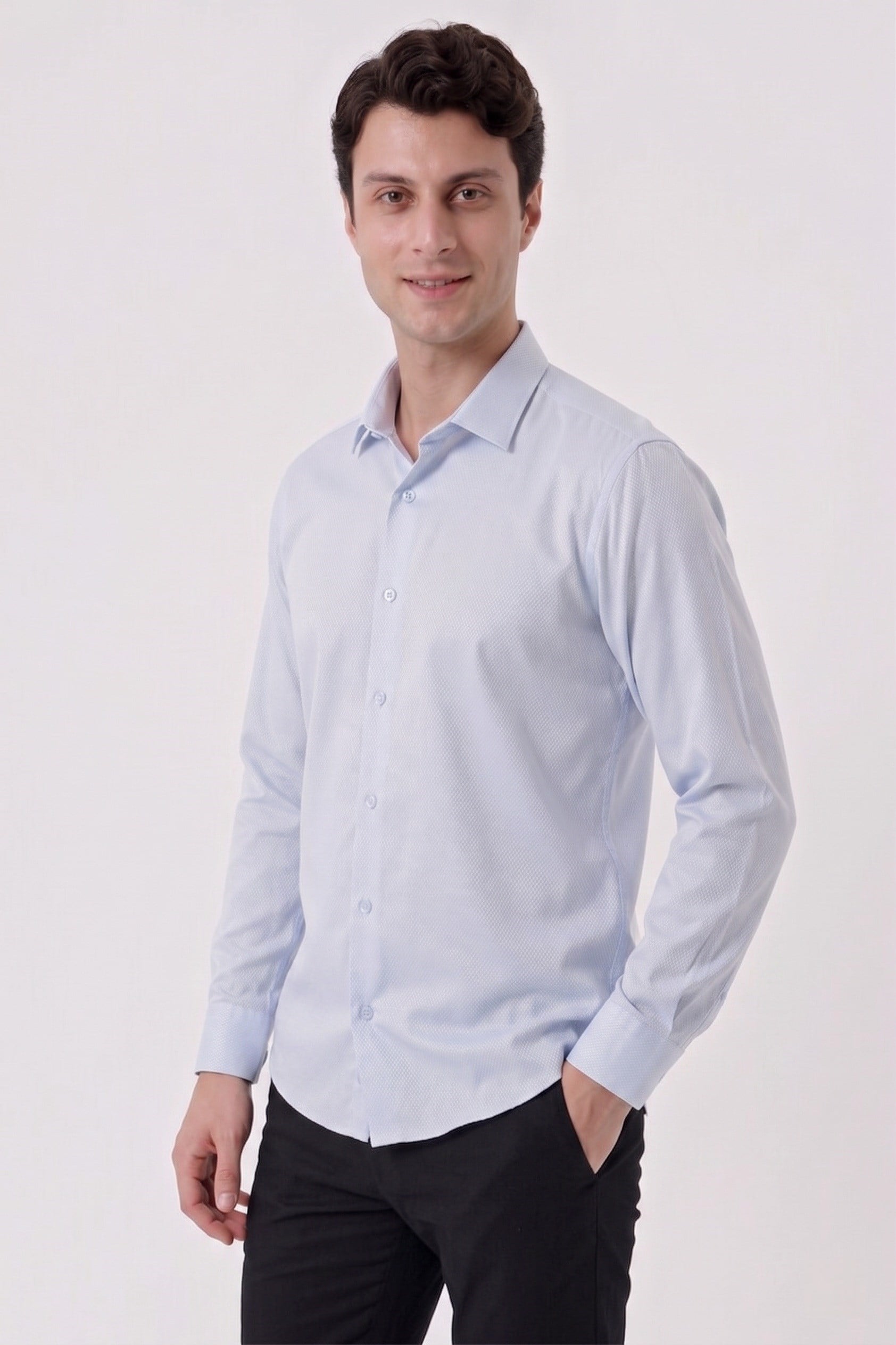 Slim Fit Armürlü Pamuklu Uzun Kollu Mavi Gömlek GK 677