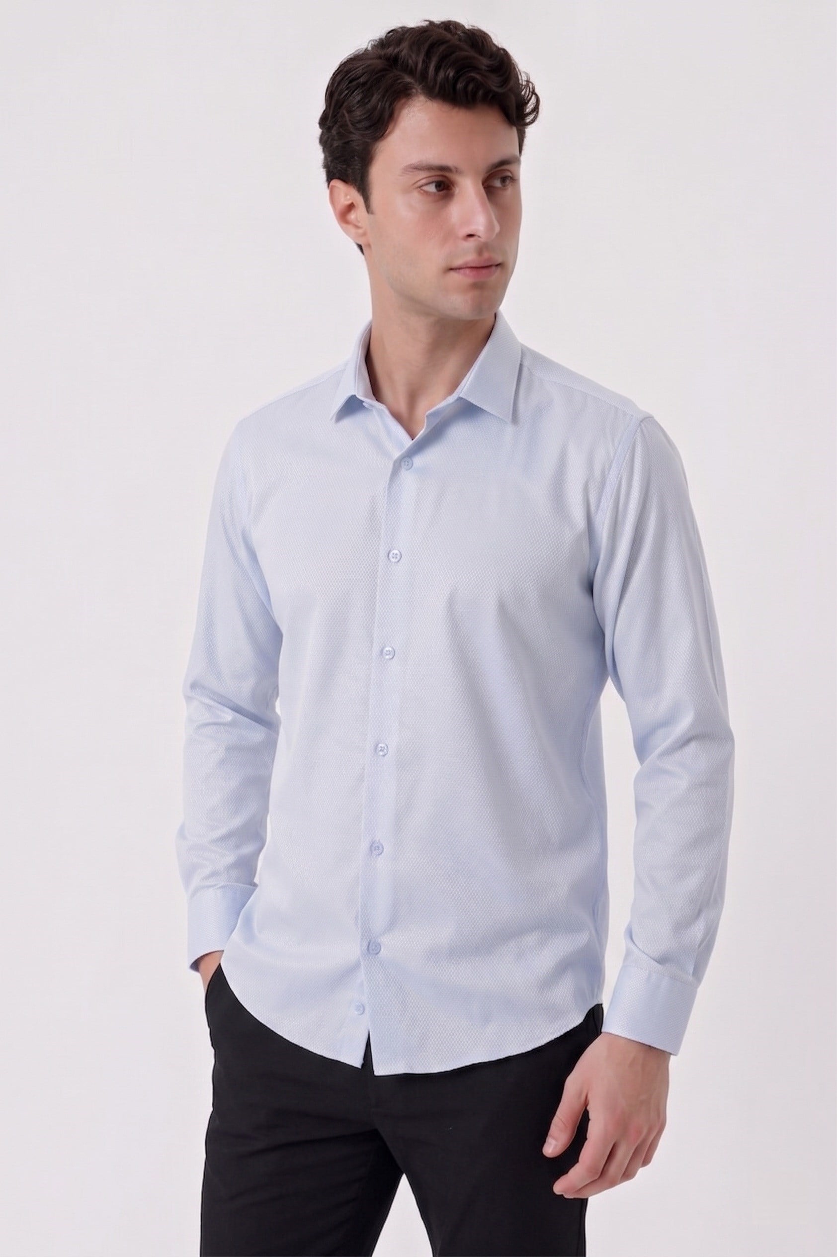 Slim Fit Armürlü Pamuklu Uzun Kollu Mavi Gömlek GK 677