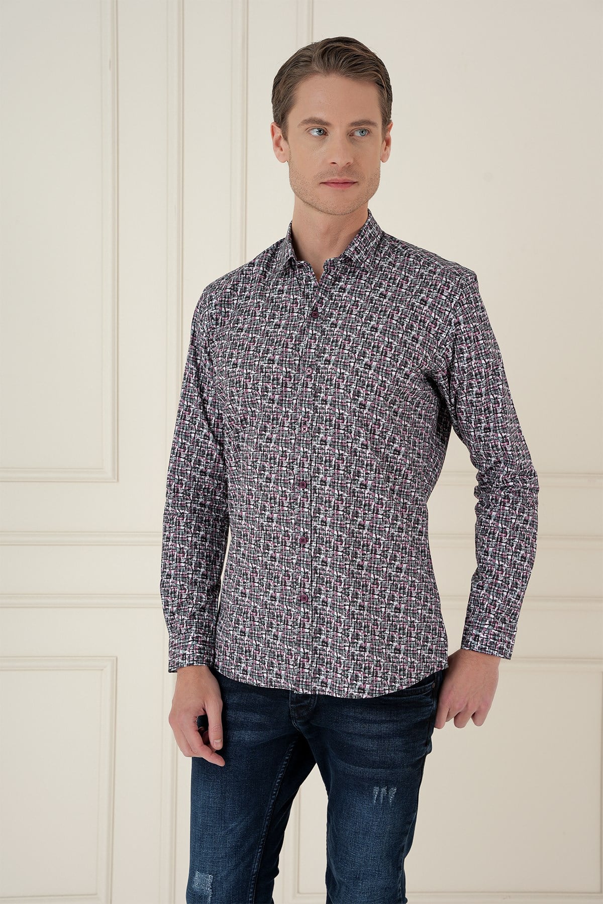 Slim Fit Baskılı %100 Pamuk Spor Gri Gömlek  G 1586