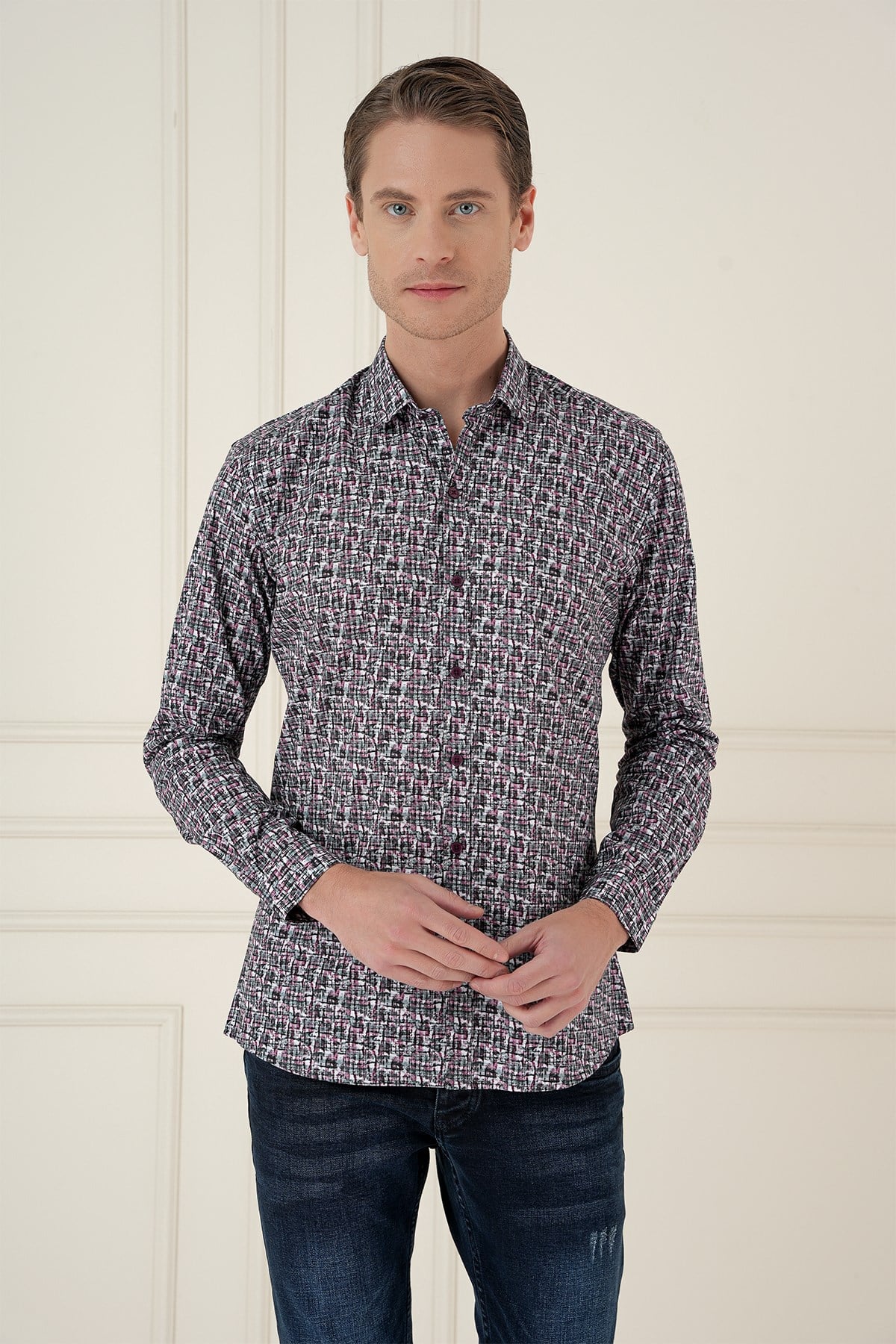 Slim Fit Baskılı %100 Pamuk Spor Gri Gömlek  G 1586