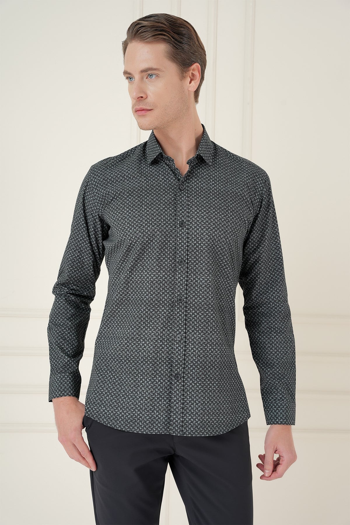 Slim Fit Baskılı %100 Pamuk Spor Lacivert Gömlek  G 1588