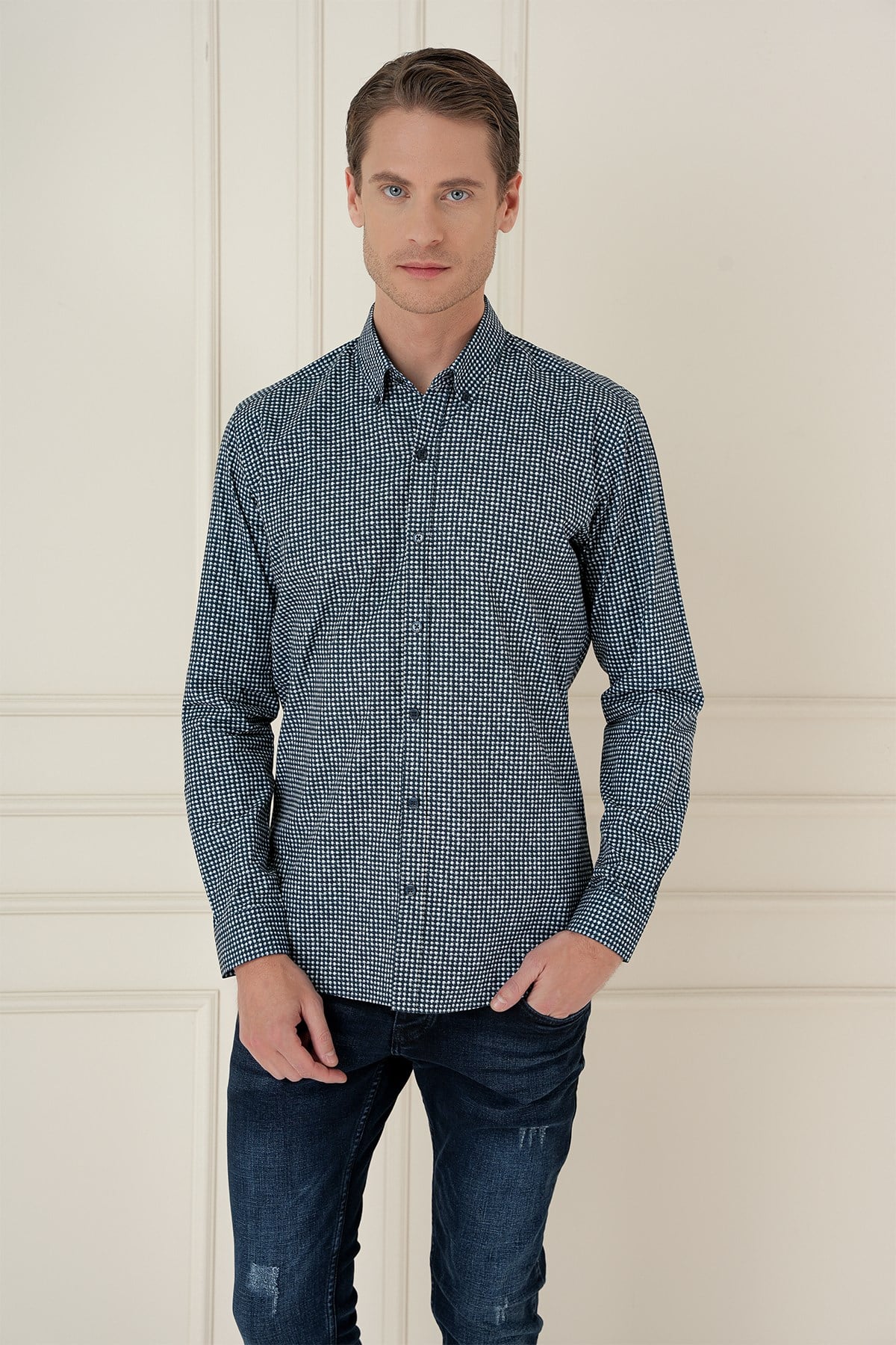 Slim Fit Baskılı %100 Pamuk Spor Lacivert Gömlek  G 1587