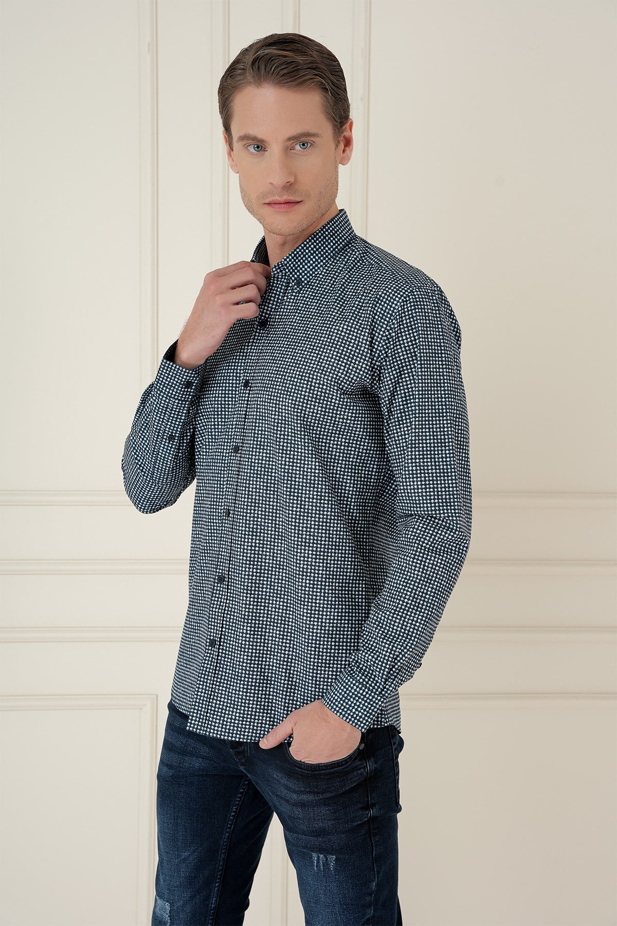 Slim Fit Baskılı %100 Pamuk Spor Lacivert Gömlek  G 1587