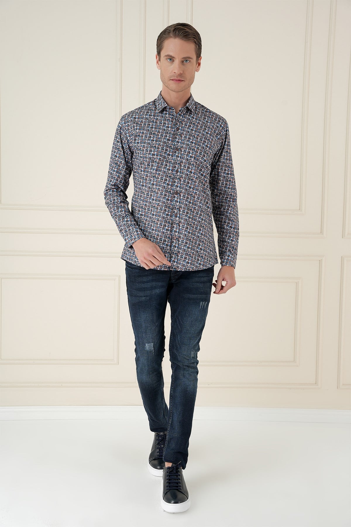 Slim Fit Baskılı %100 Pamuk Spor Mavi Gömlek  G 1586