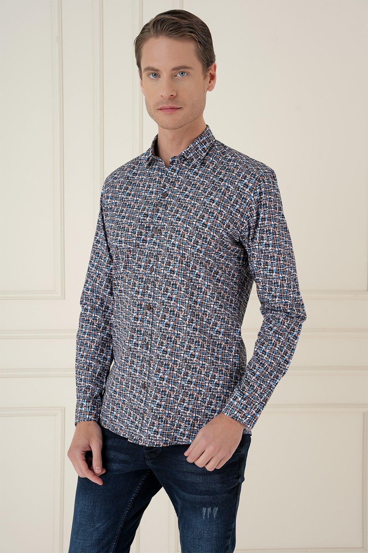 Slim Fit Baskılı %100 Pamuk Spor Mavi Gömlek  G 1586