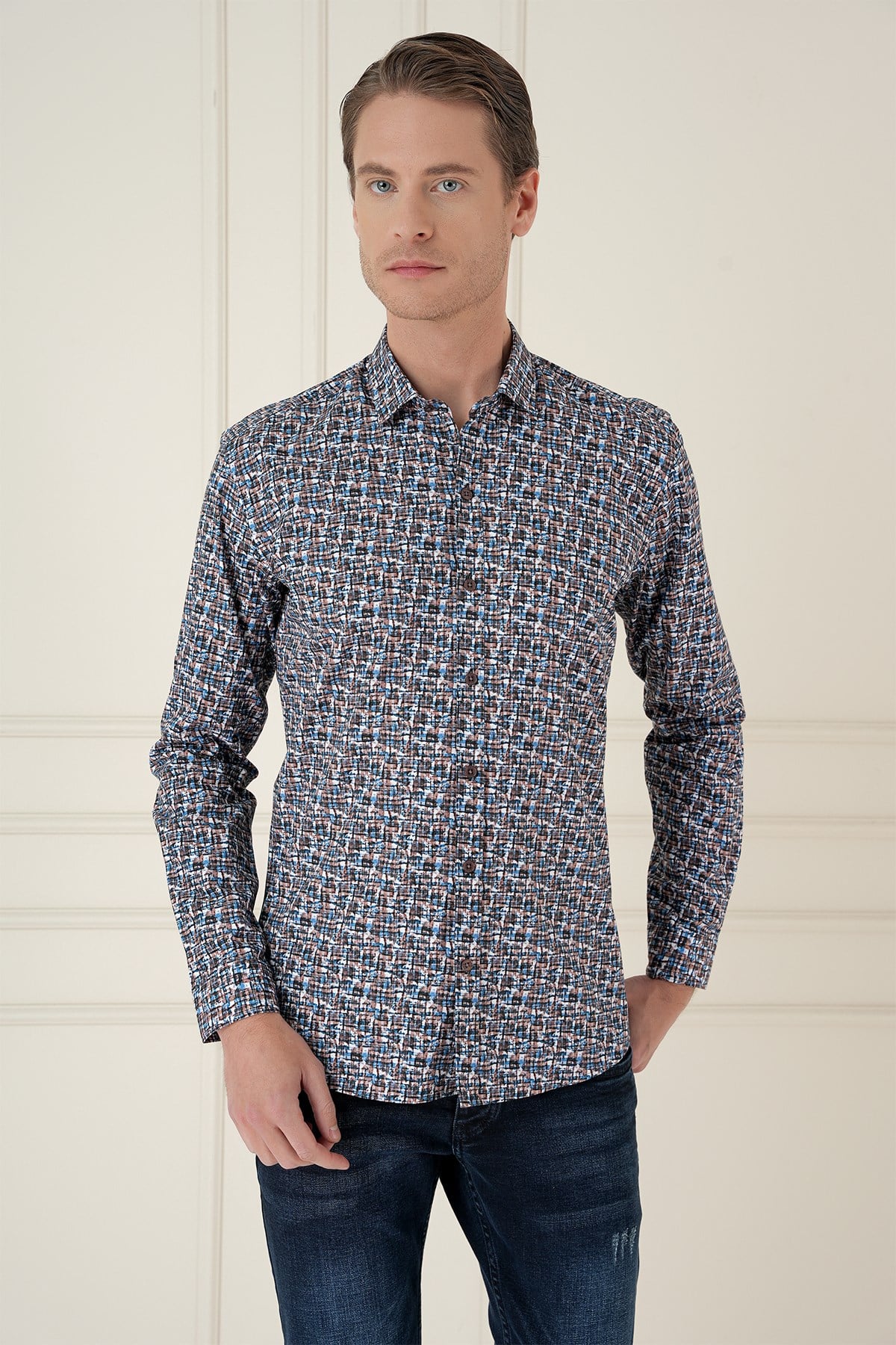Slim Fit Baskılı %100 Pamuk Spor Mavi Gömlek  G 1586