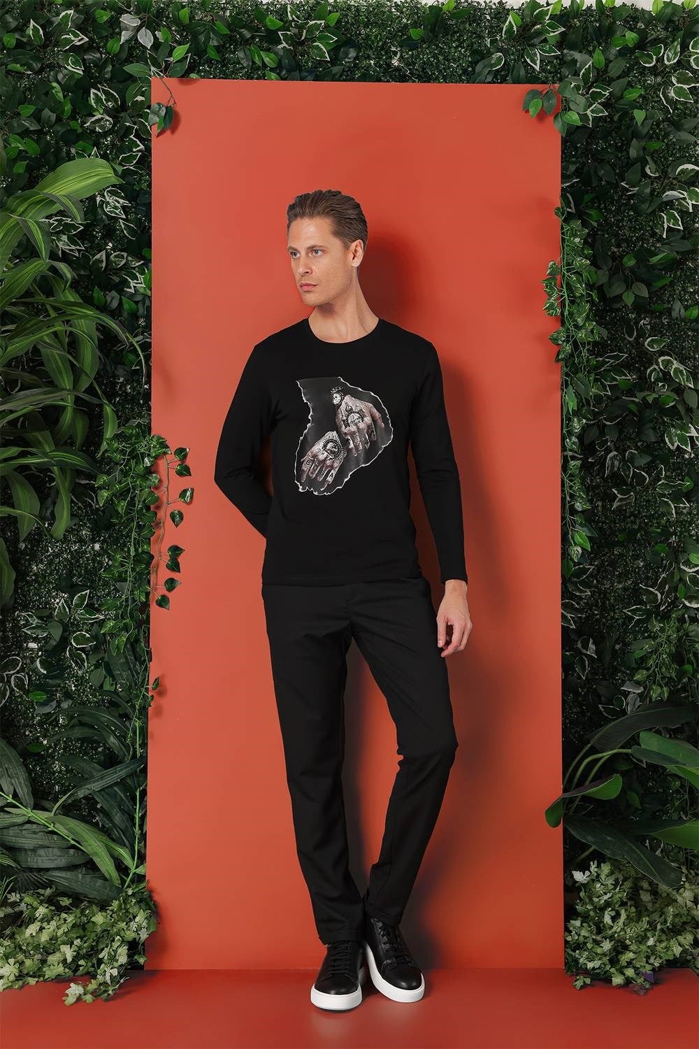 Slim Fit Baskılı Bisiklet Yaka Esnek Pamuk Siyah Tişört Ts 866