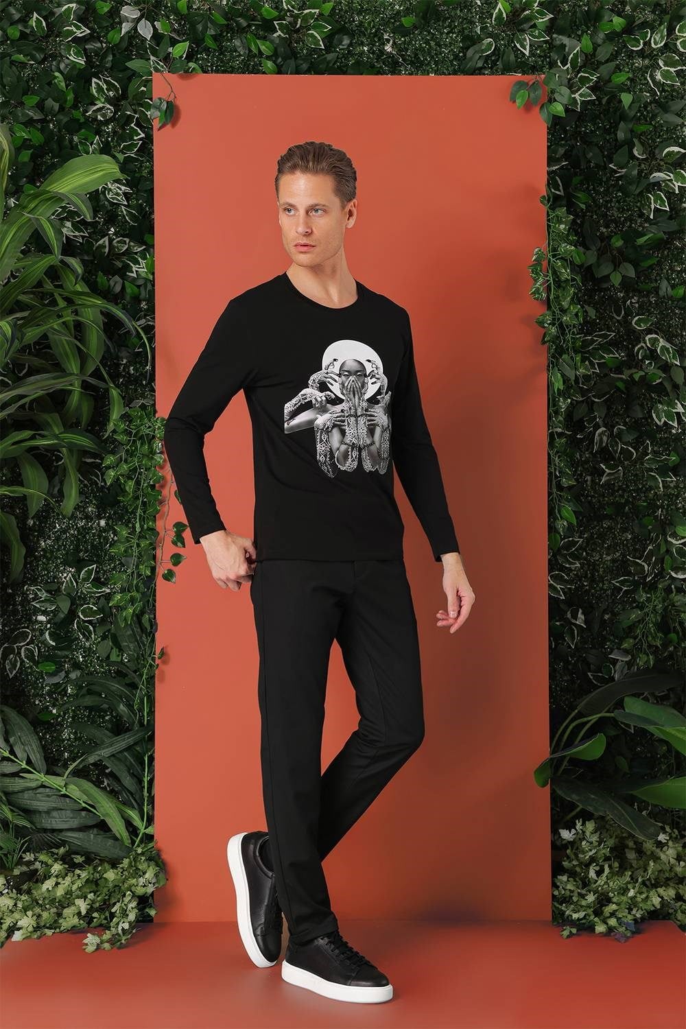 Slim Fit Baskılı Bisiklet Yaka Esnek Pamuk Siyah Tişört Ts 869