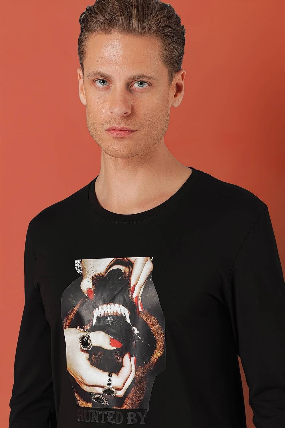 Slim Fit Baskılı Bisiklet Yaka Esnek Pamuk Siyah Tişört Ts 867