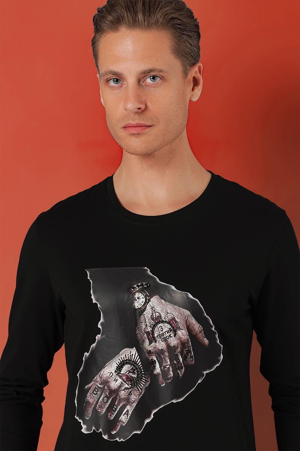 Slim Fit Baskılı Bisiklet Yaka Esnek Pamuk Siyah Tişört Ts 866