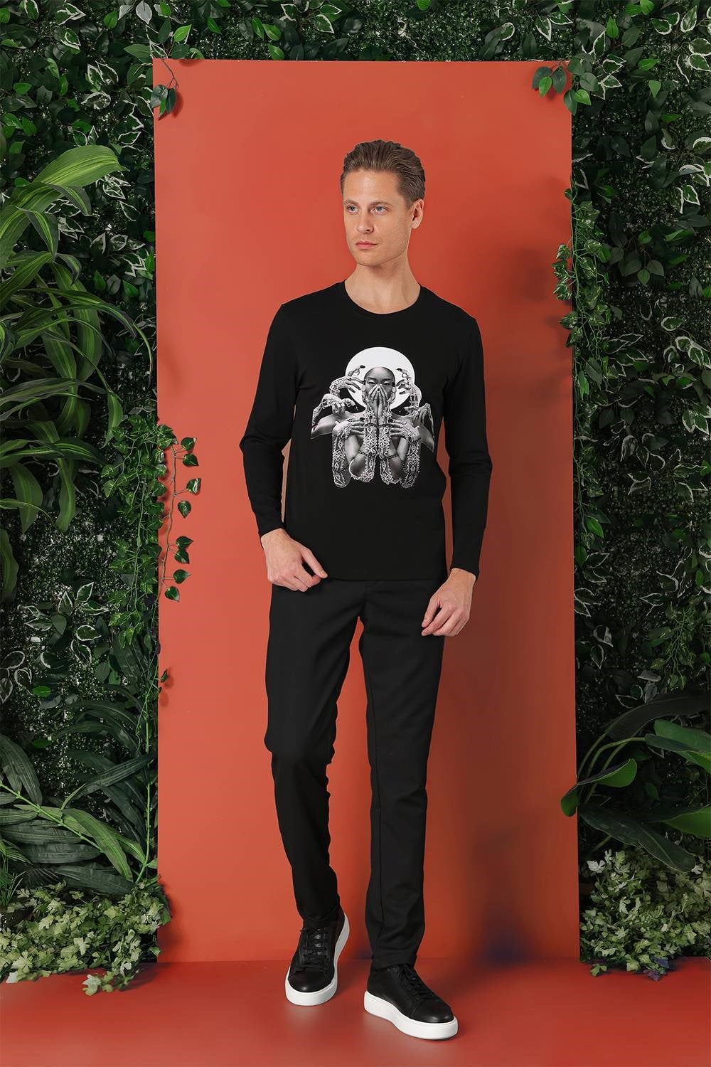Slim Fit Baskılı Bisiklet Yaka Esnek Pamuk Siyah Tişört Ts 869
