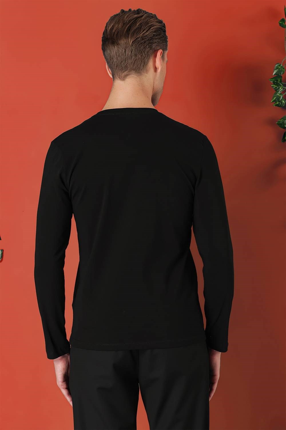 Slim Fit Baskılı Bisiklet Yaka Esnek Pamuk Siyah Tişört Ts 868