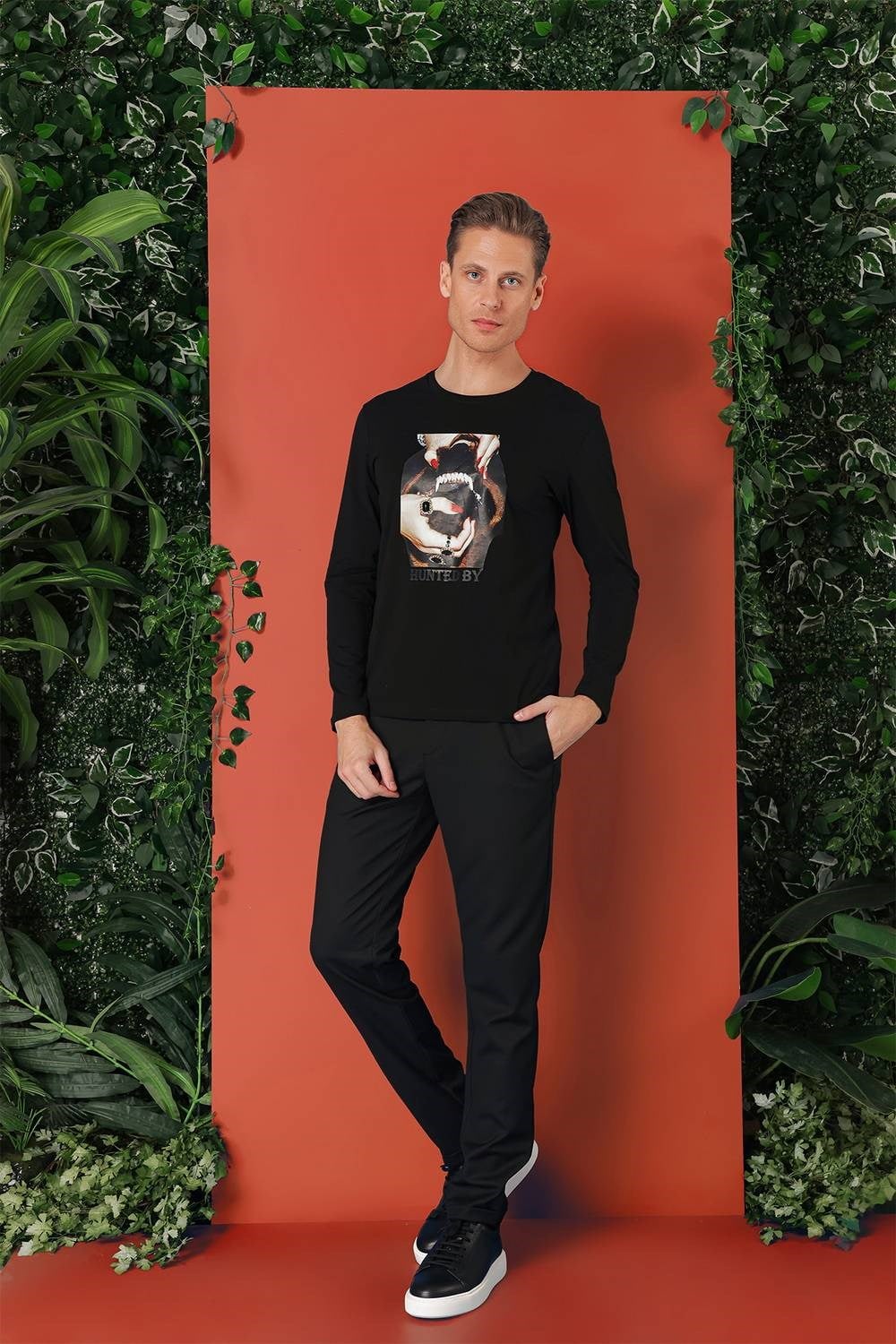 Slim Fit Baskılı Bisiklet Yaka Esnek Pamuk Siyah Tişört Ts 867