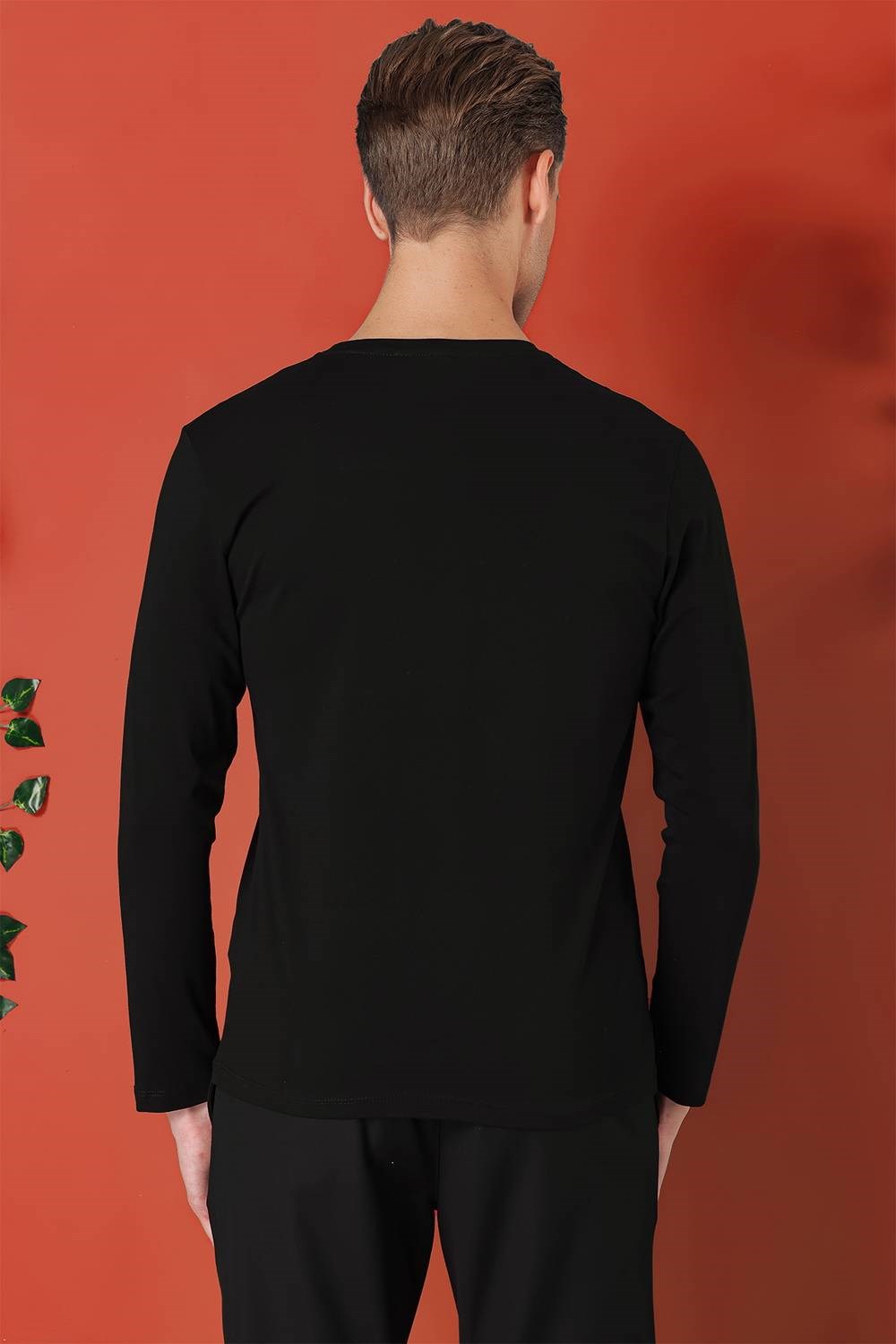 Slim Fit Baskılı Bisiklet Yaka Esnek Pamuk Siyah Tişört Ts 866