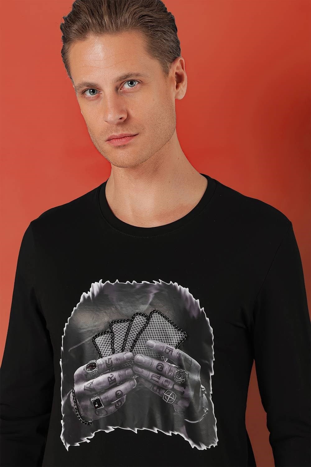 Slim Fit Baskılı Bisiklet Yaka Esnek Pamuk Siyah Tişört Ts 868