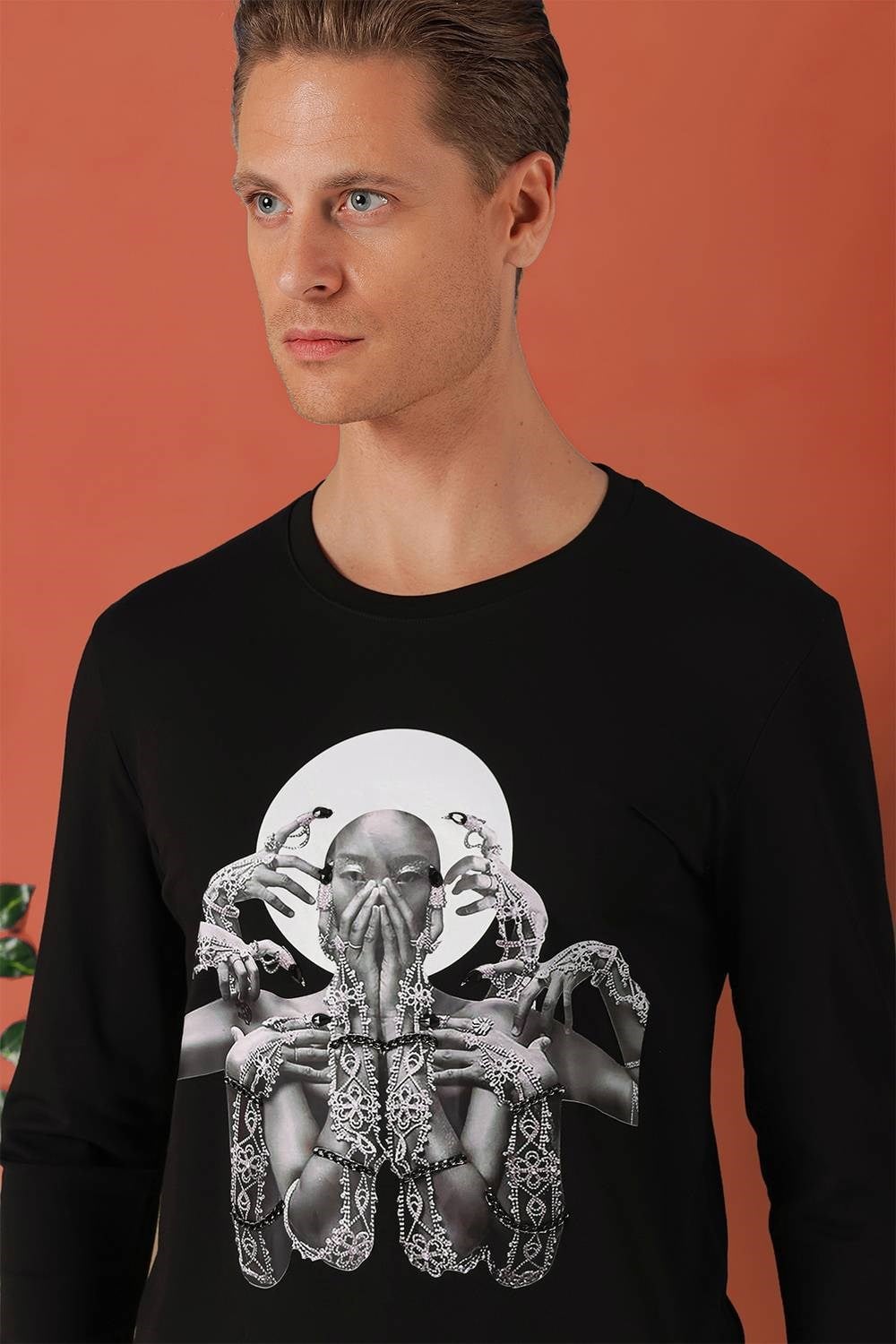 Slim Fit Baskılı Bisiklet Yaka Esnek Pamuk Siyah Tişört Ts 869