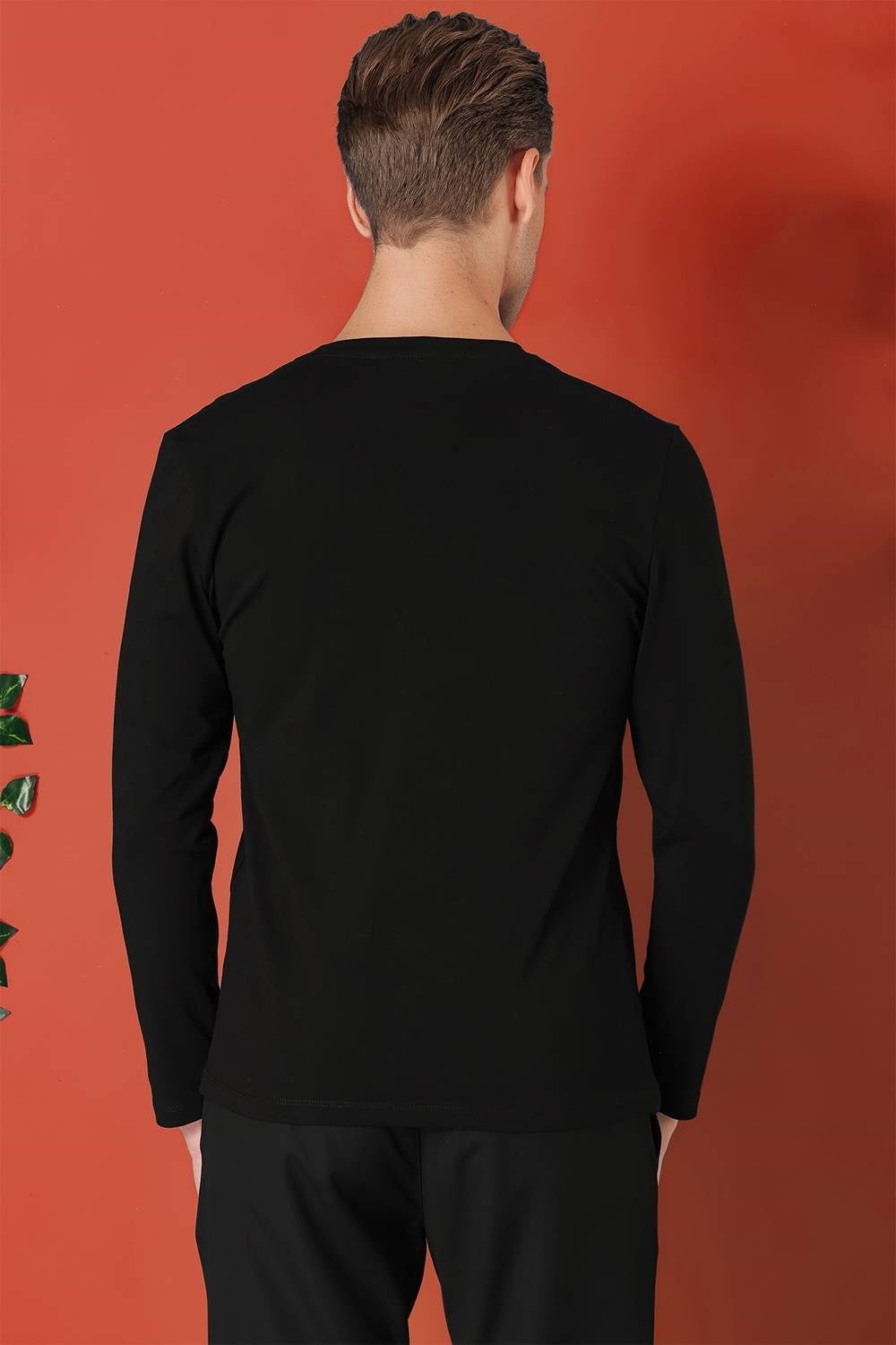 Slim Fit Baskılı Bisiklet Yaka Esnek Pamuk Siyah Tişört Ts 869
