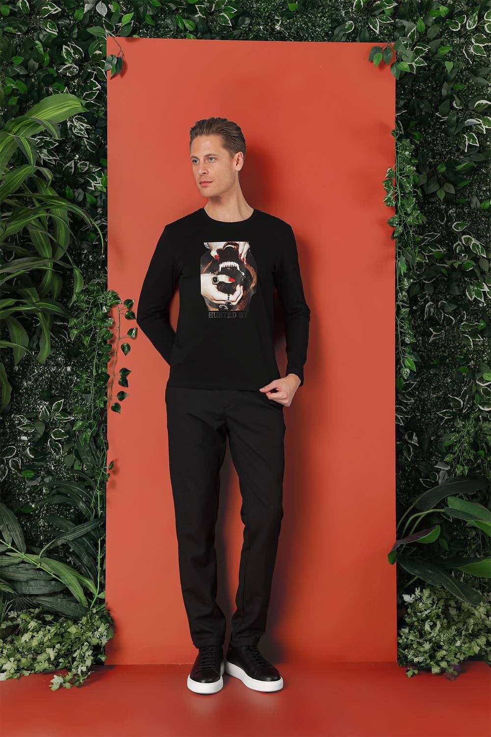 Slim Fit Baskılı Bisiklet Yaka Esnek Pamuk Siyah Tişört Ts 867