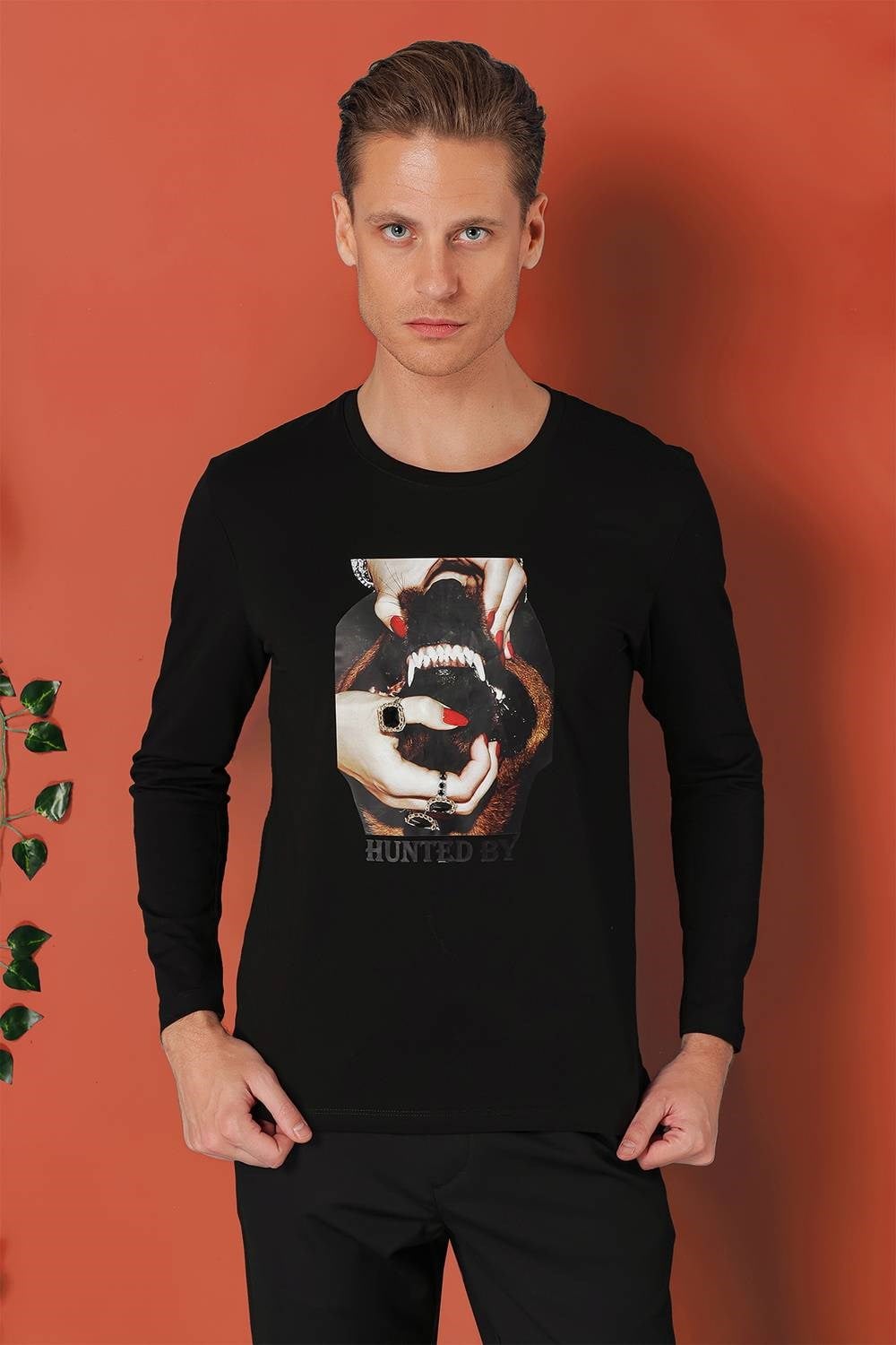 Slim Fit Baskılı Bisiklet Yaka Esnek Pamuk Siyah Tişört Ts 867