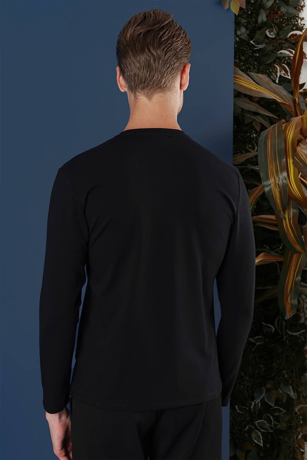 Slim Fit Baskılı Pamuklu Uzun Kollu Siyah Tişört TS 864