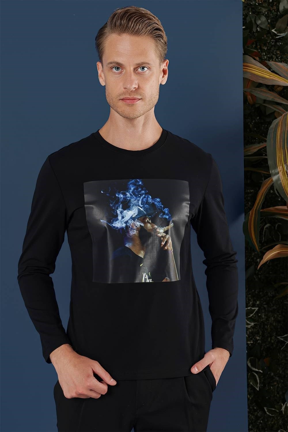 Slim Fit Baskılı Pamuklu Uzun Kollu Siyah Tişört TS 861