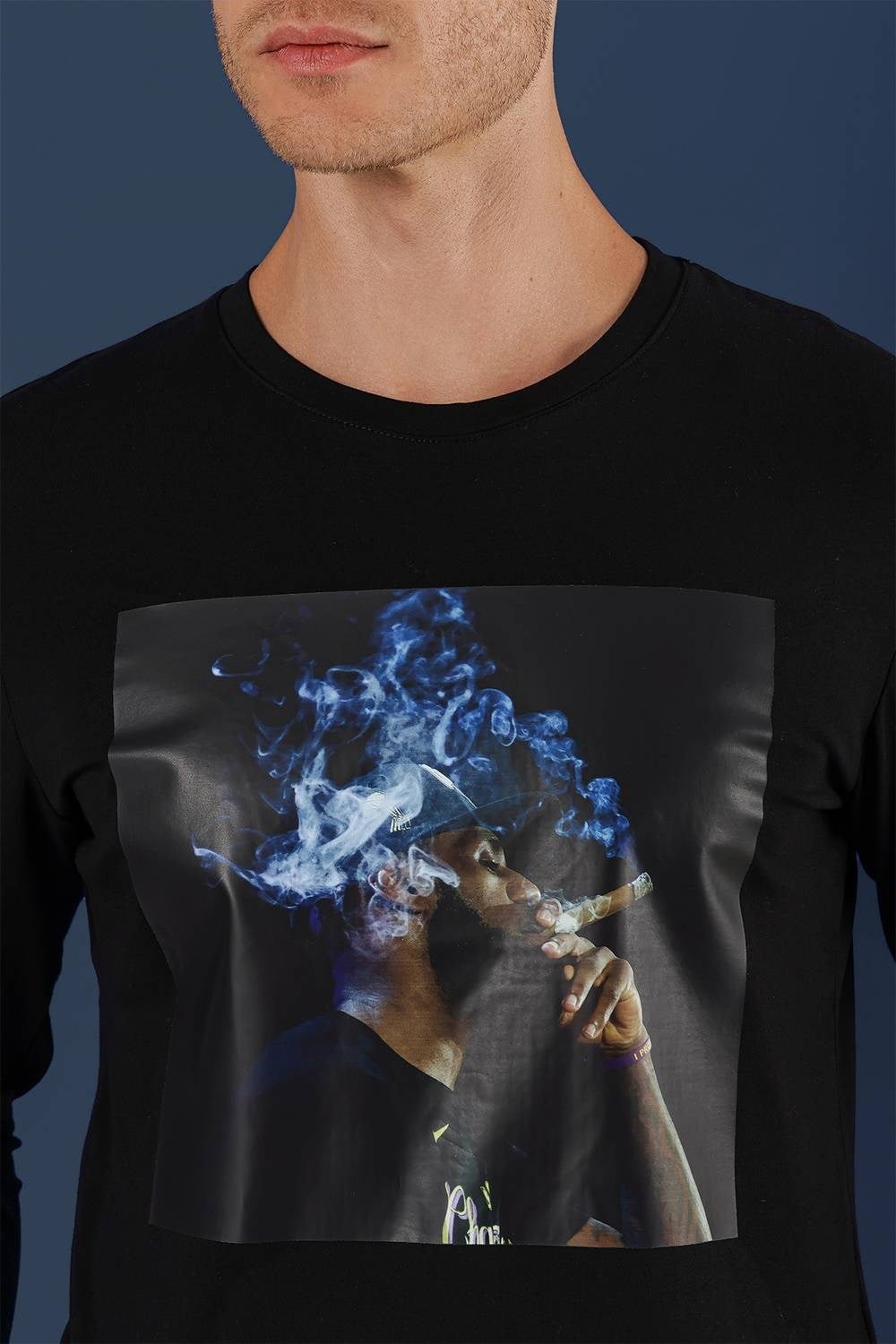 Slim Fit Baskılı Pamuklu Uzun Kollu Siyah Tişört TS 861