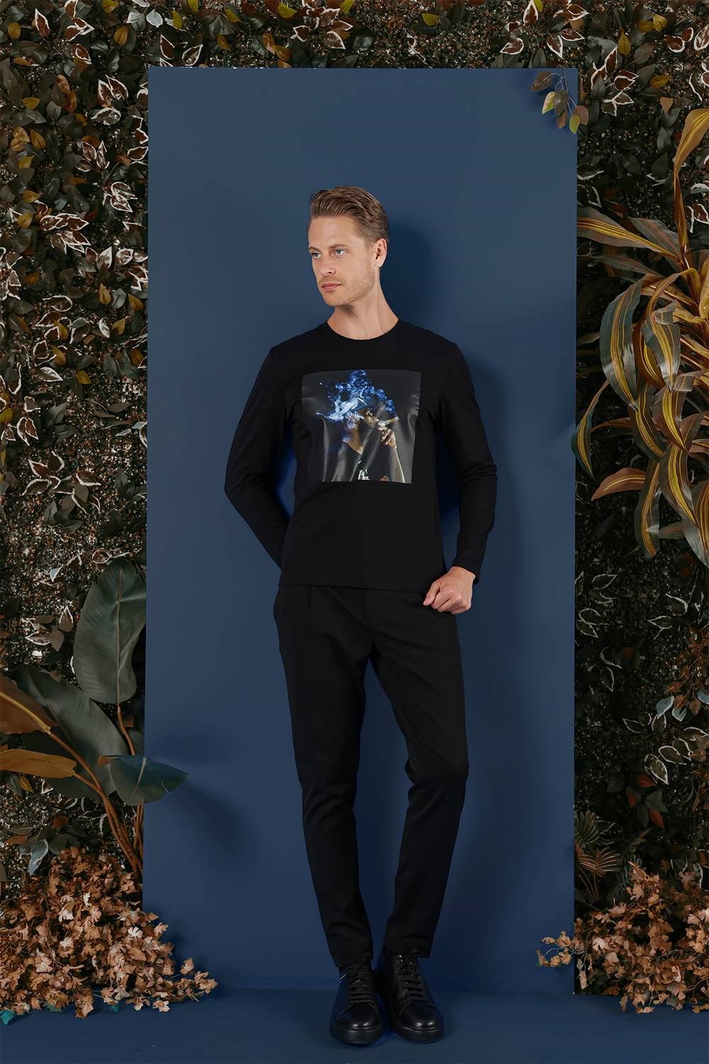 Slim Fit Baskılı Pamuklu Uzun Kollu Siyah Tişört TS 861