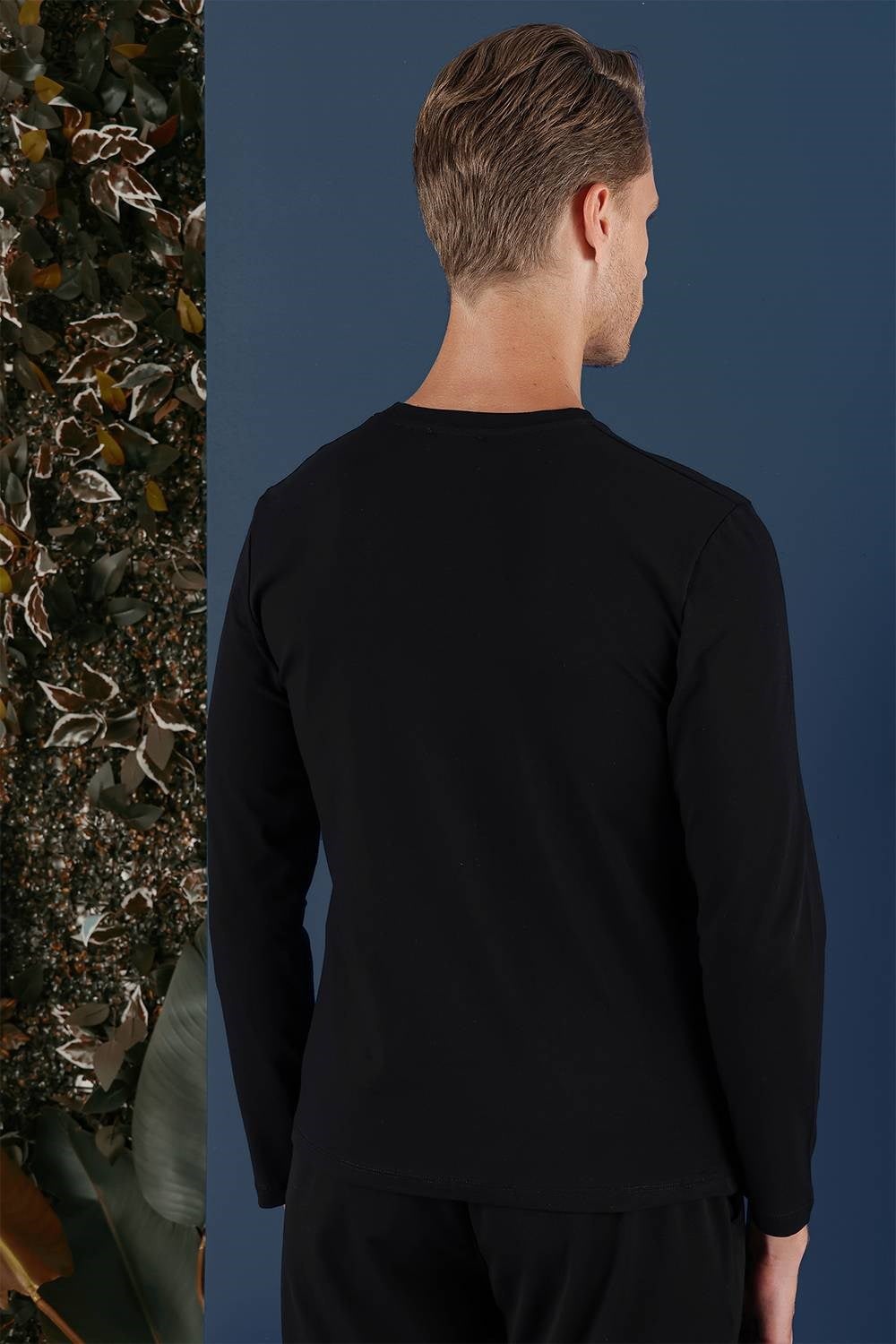 Slim Fit Baskılı Pamuklu Uzun Kollu Siyah Tişört TS 861