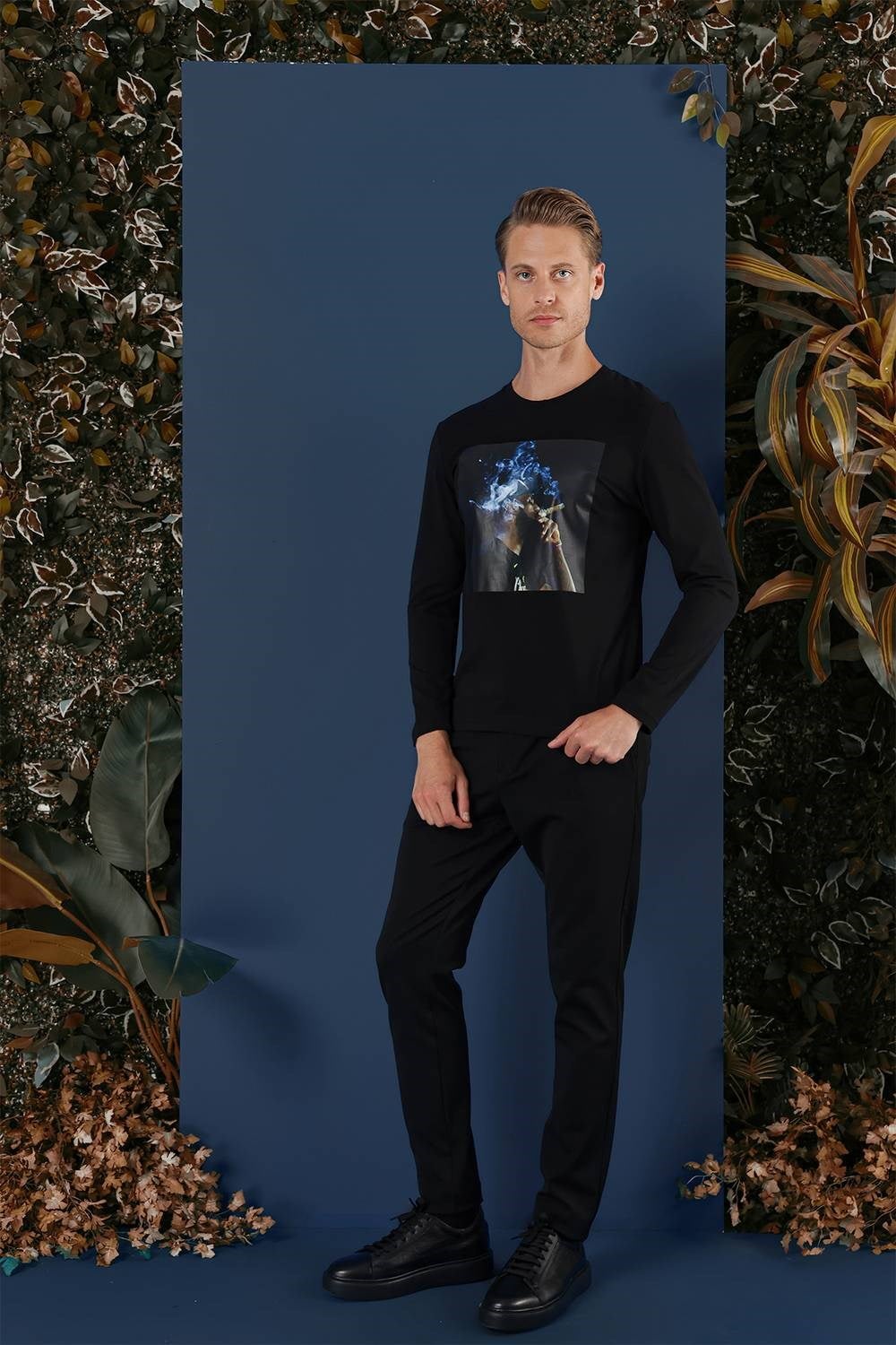 Slim Fit Baskılı Pamuklu Uzun Kollu Siyah Tişört TS 861