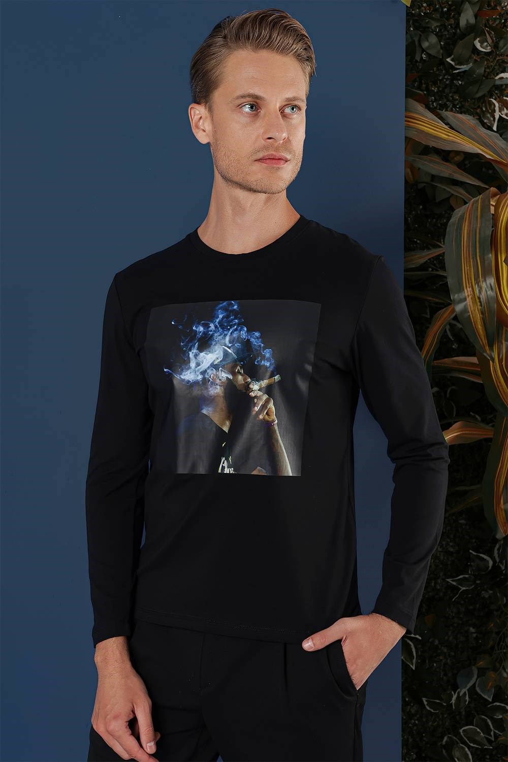 Slim Fit Baskılı Pamuklu Uzun Kollu Siyah Tişört TS 861