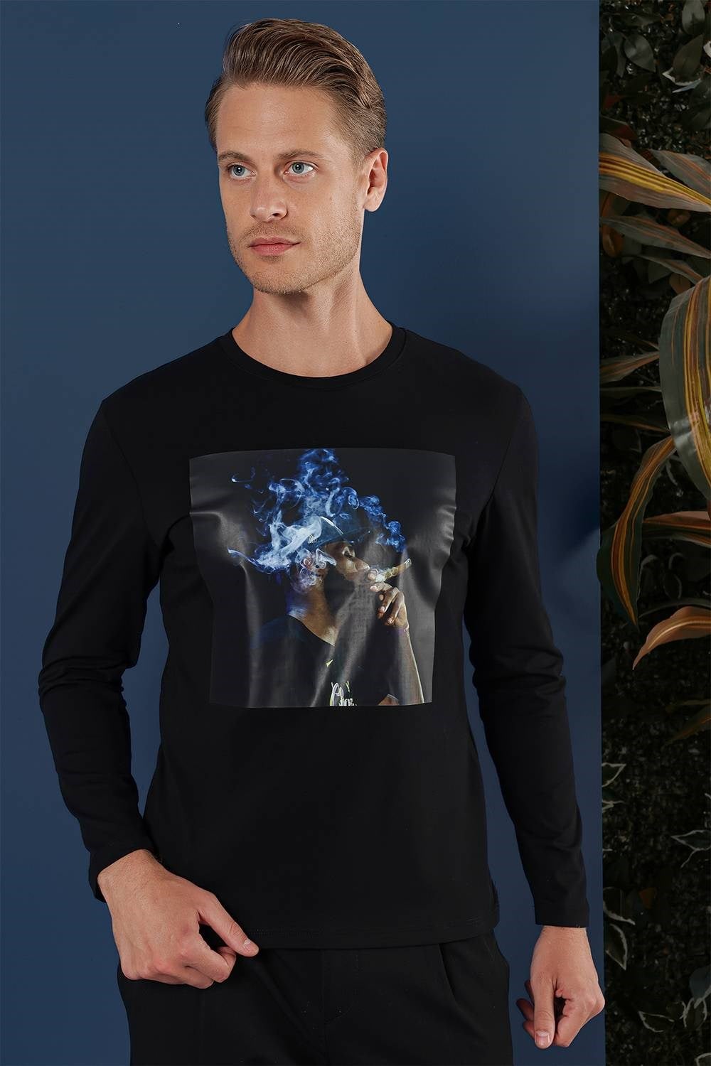 Slim Fit Baskılı Pamuklu Uzun Kollu Siyah Tişört TS 861