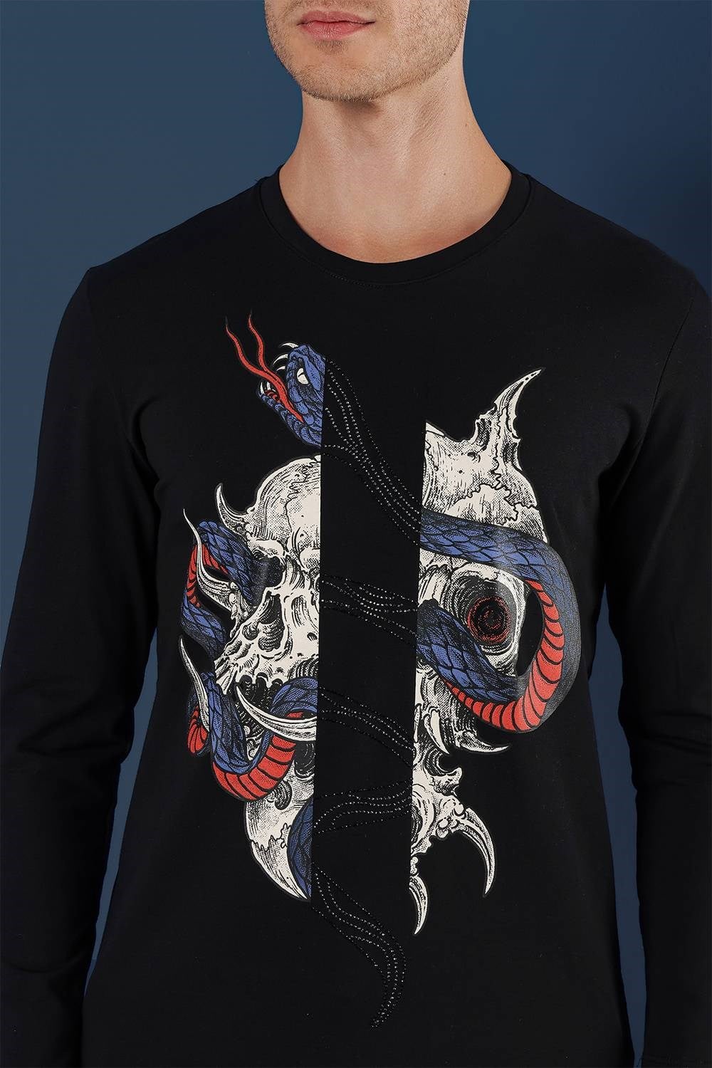 Slim Fit Baskılı Pamuklu Uzun Kollu Siyah Tişört TS 865