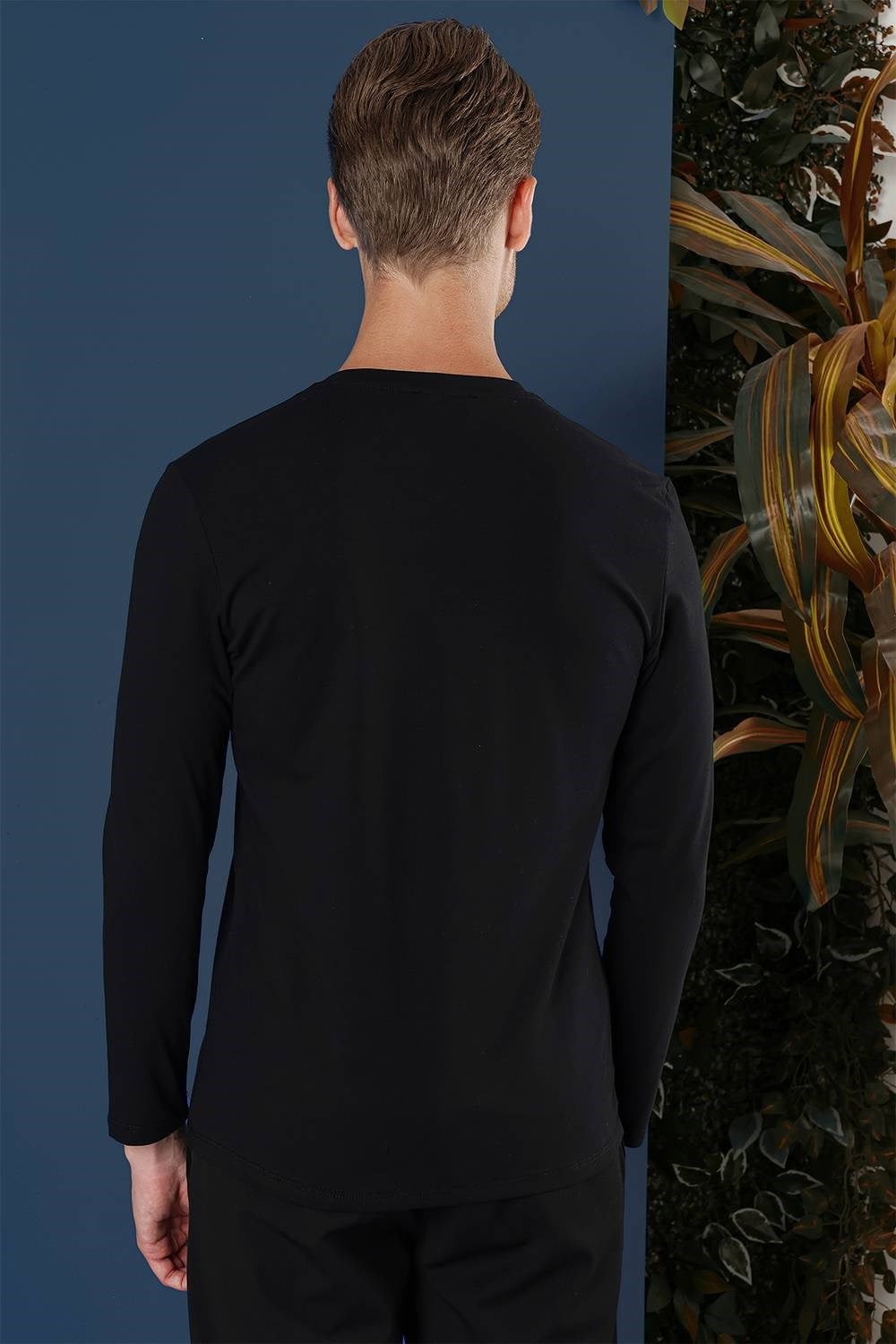 Slim Fit Baskılı Pamuklu Uzun Kollu Siyah Tişört TS 865