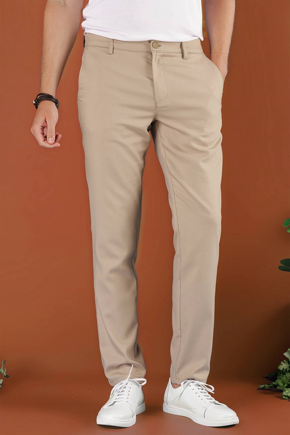 Slim Fit Beli Lastikli Esnek Pamuk Bej Pantolon P 1118