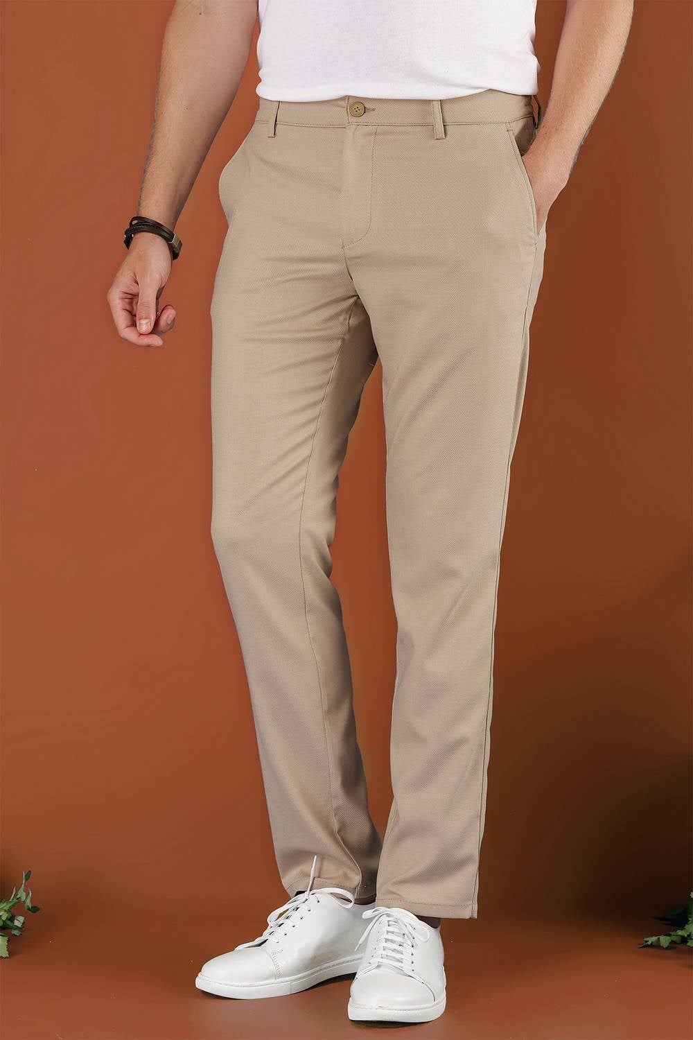 Slim Fit Beli Lastikli Esnek Pamuk Bej Pantolon P 1118