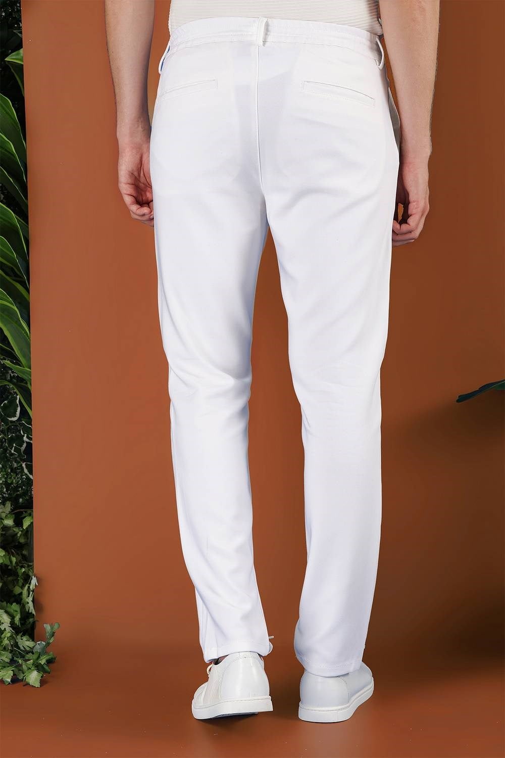 Slim Fit Beli Lastikli Esnek Pamuk Beyaz Pantolon P 1116