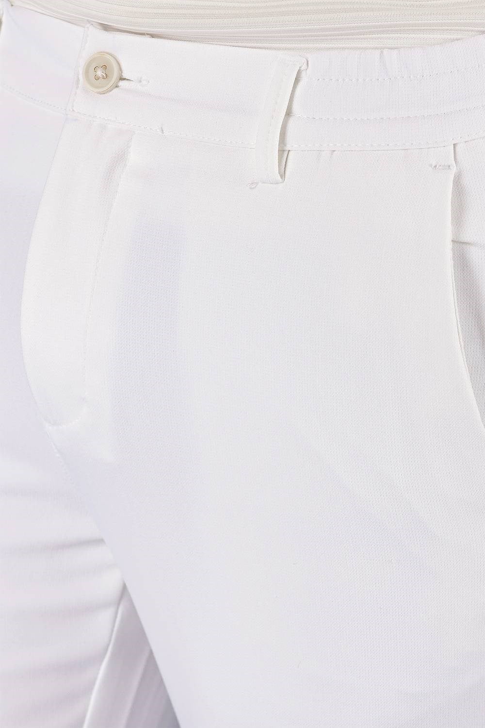 Slim Fit Beli Lastikli Esnek Pamuk Beyaz Pantolon P 1116