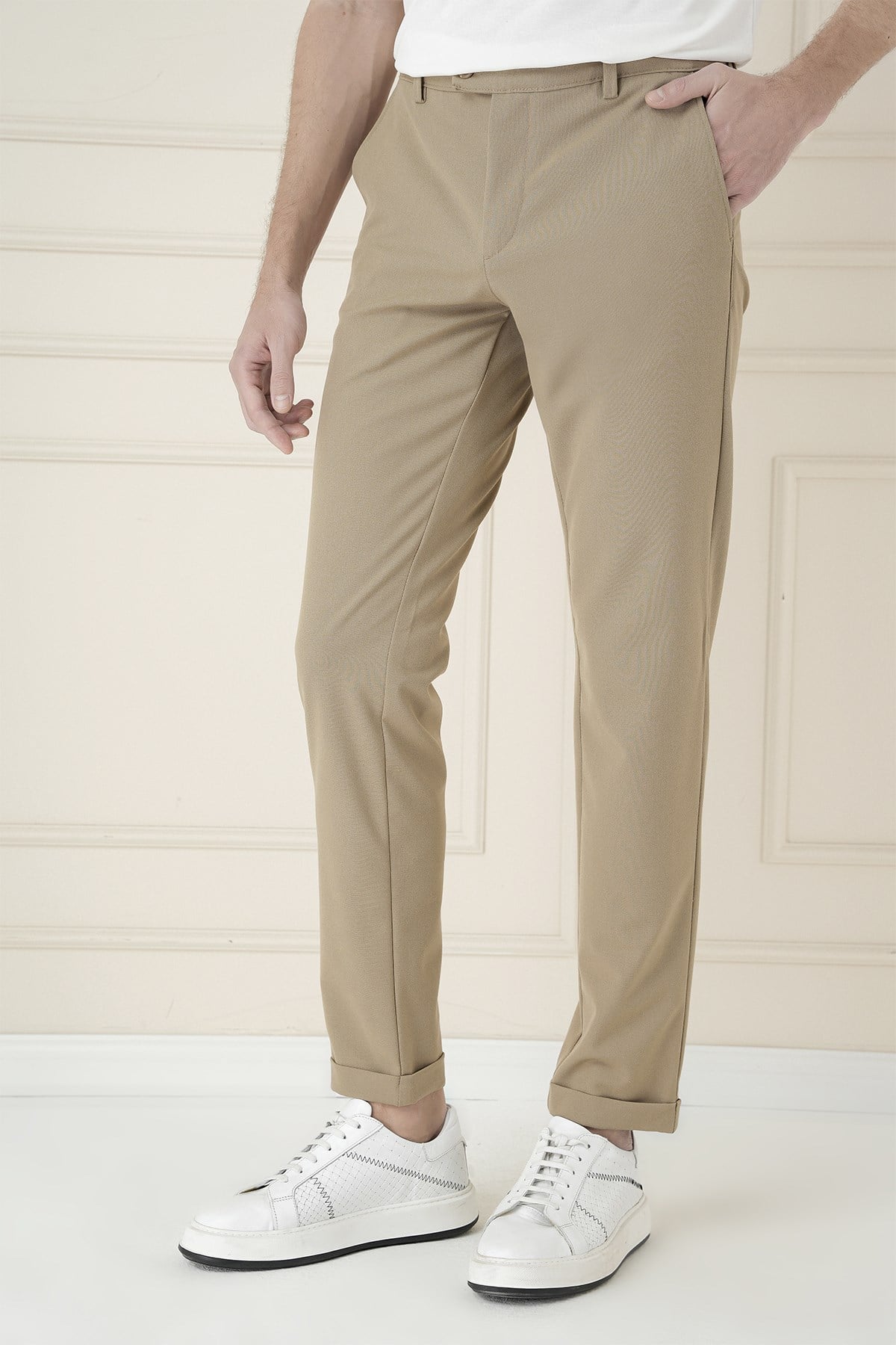 Slim Fit Beli Lastikli Esnek Pamuklu Bej Pantolon P 1171