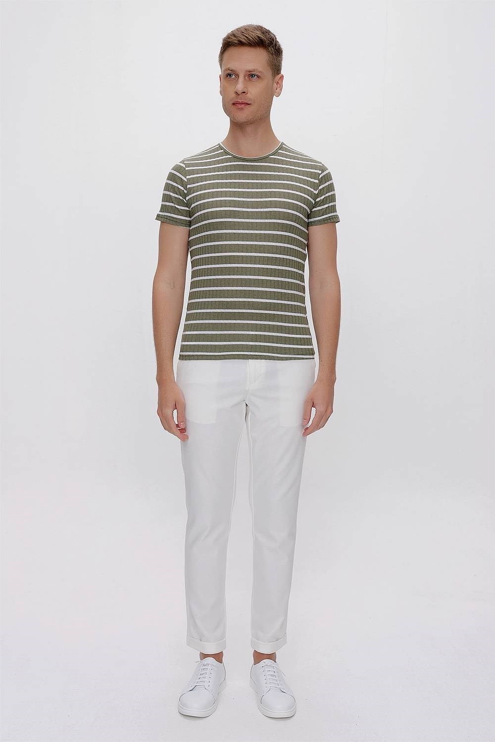 Slim Fit Beli Lastikli Esnek Pamuklu Ekru Pantolon P 1122