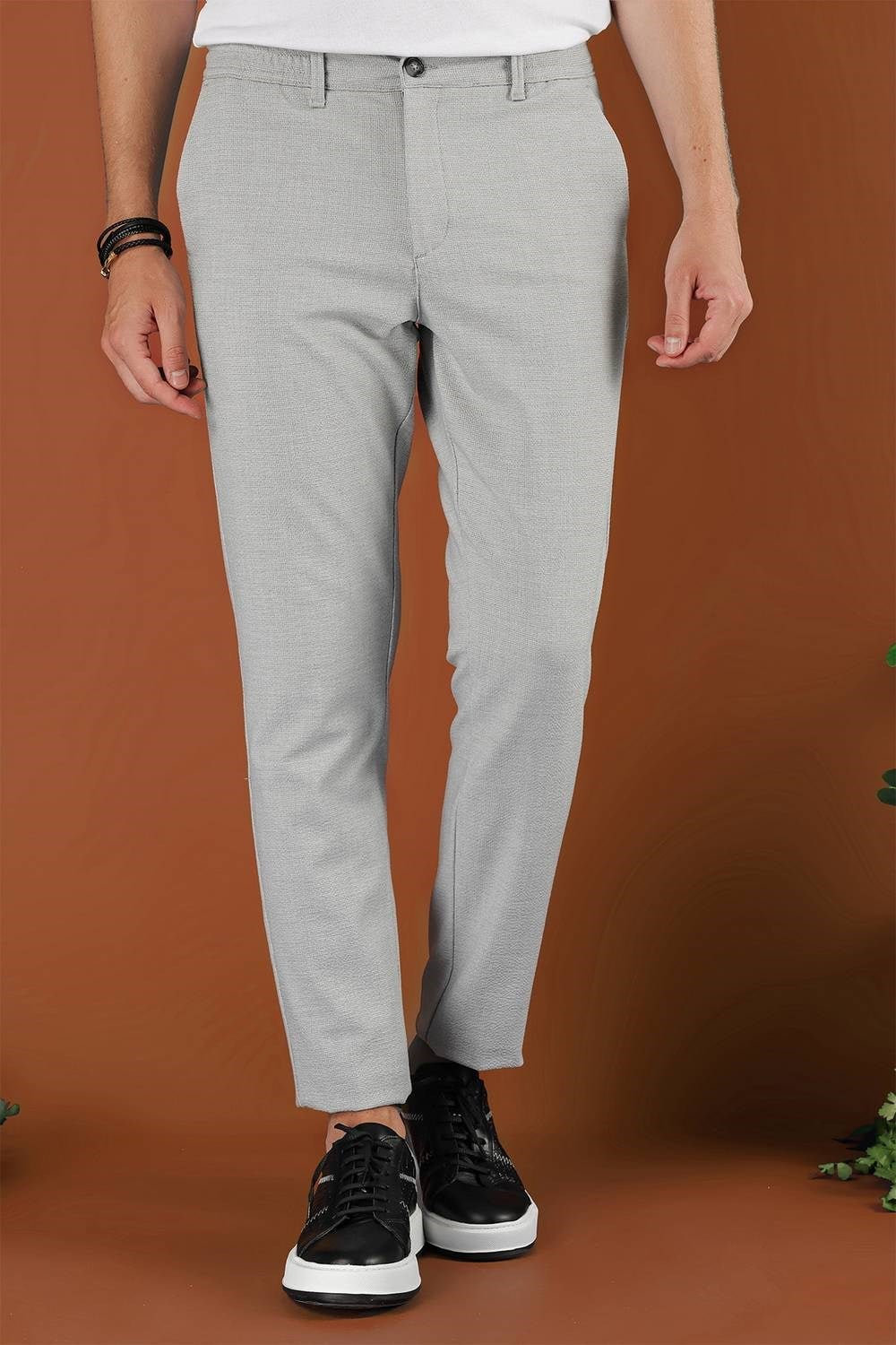 Slim Fit Beli Lastikli Esnek Pamuklu Gri Pantolon P 1122