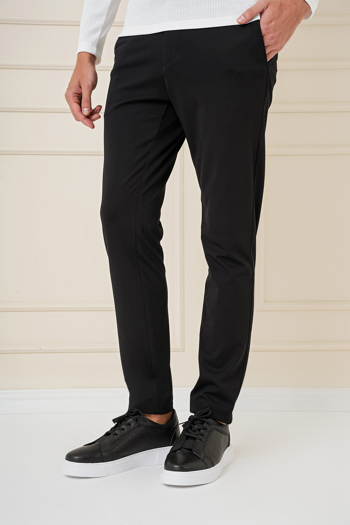 Slim Fit Beli Lastikli Esnek Pamuklu Siyah Pantolon P 1163