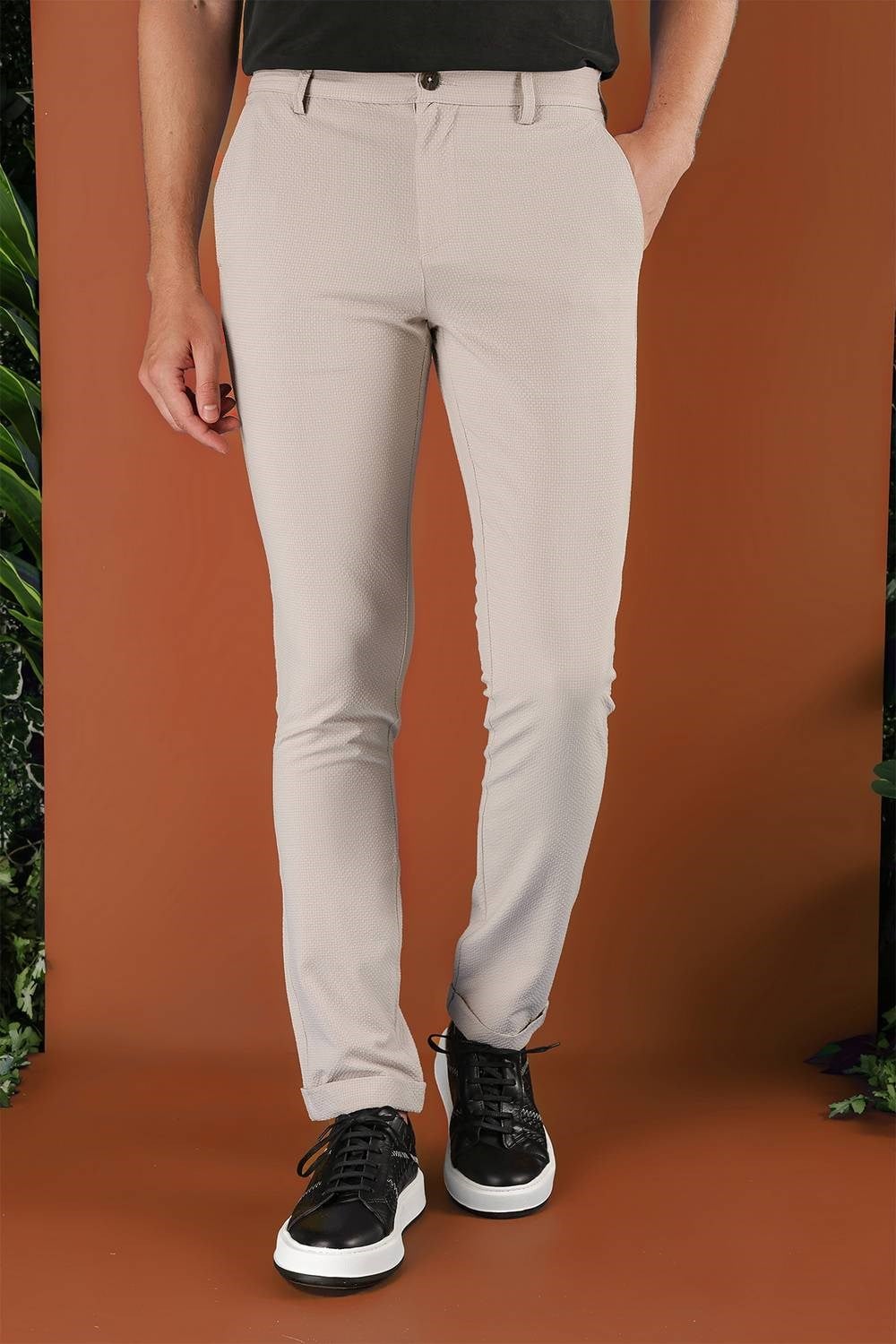 Slim Fit Beli Lastikli Gofre Kumaş Bej Spor Pantolon P 1126