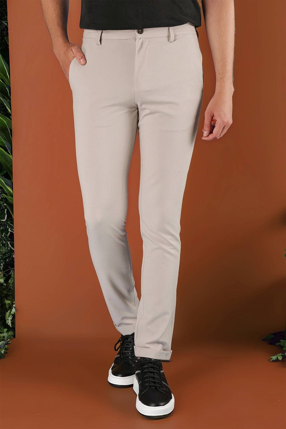 Slim Fit Beli Lastikli Gofre Kumaş Bej Spor Pantolon P 1126